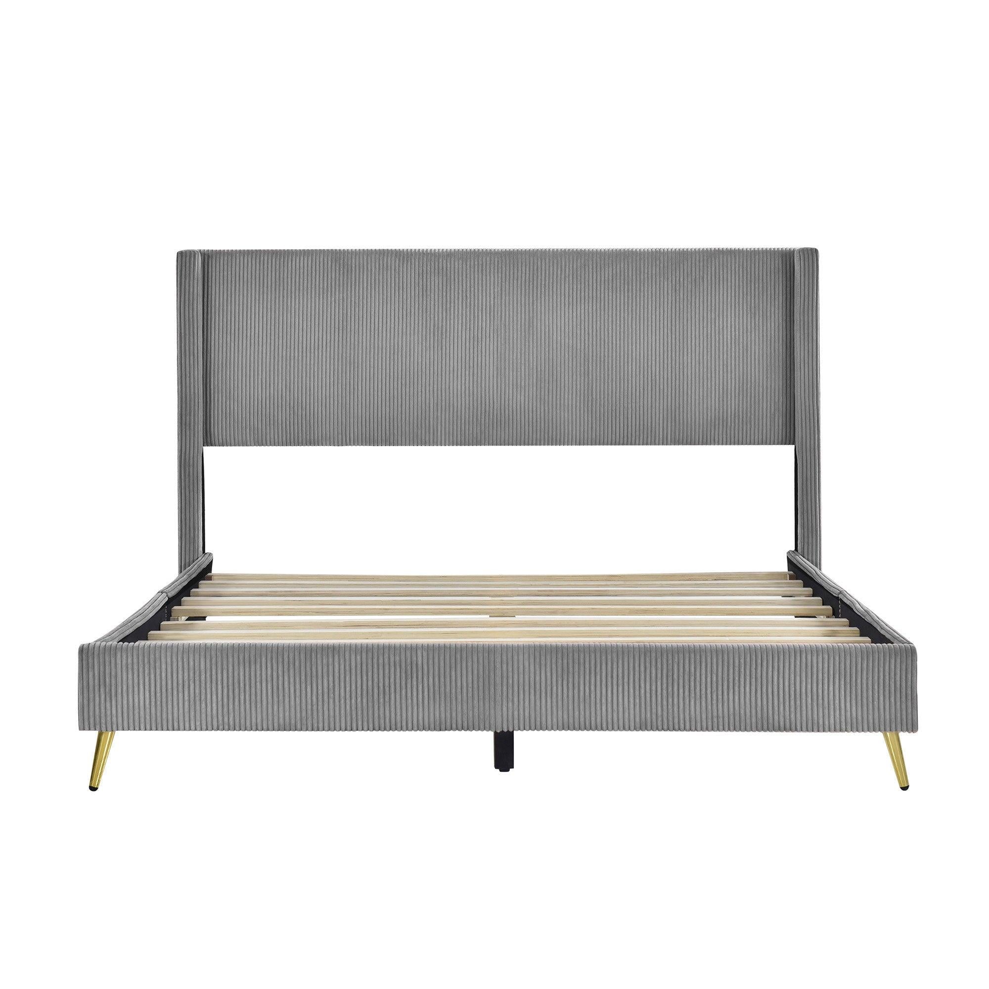 Queen Size Corduroy Platform Bed with Metal Legs, Gray