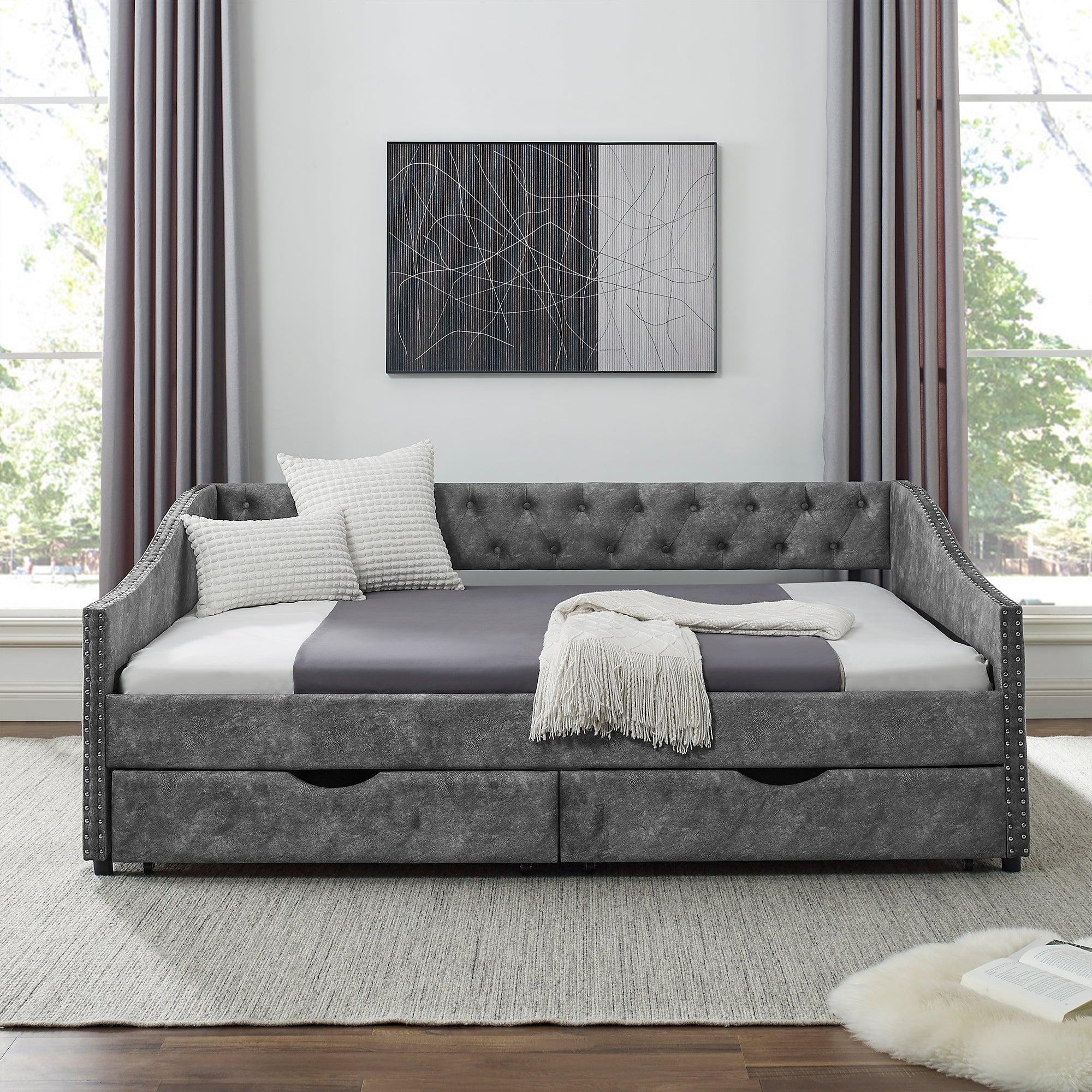 Full Size Daybed with Drawers Upholstered Tufted Sofa Bed, with Button on Back and Copper Nail on Waved Shape Arms，Grey（80.5“x55.5”x27.5“）