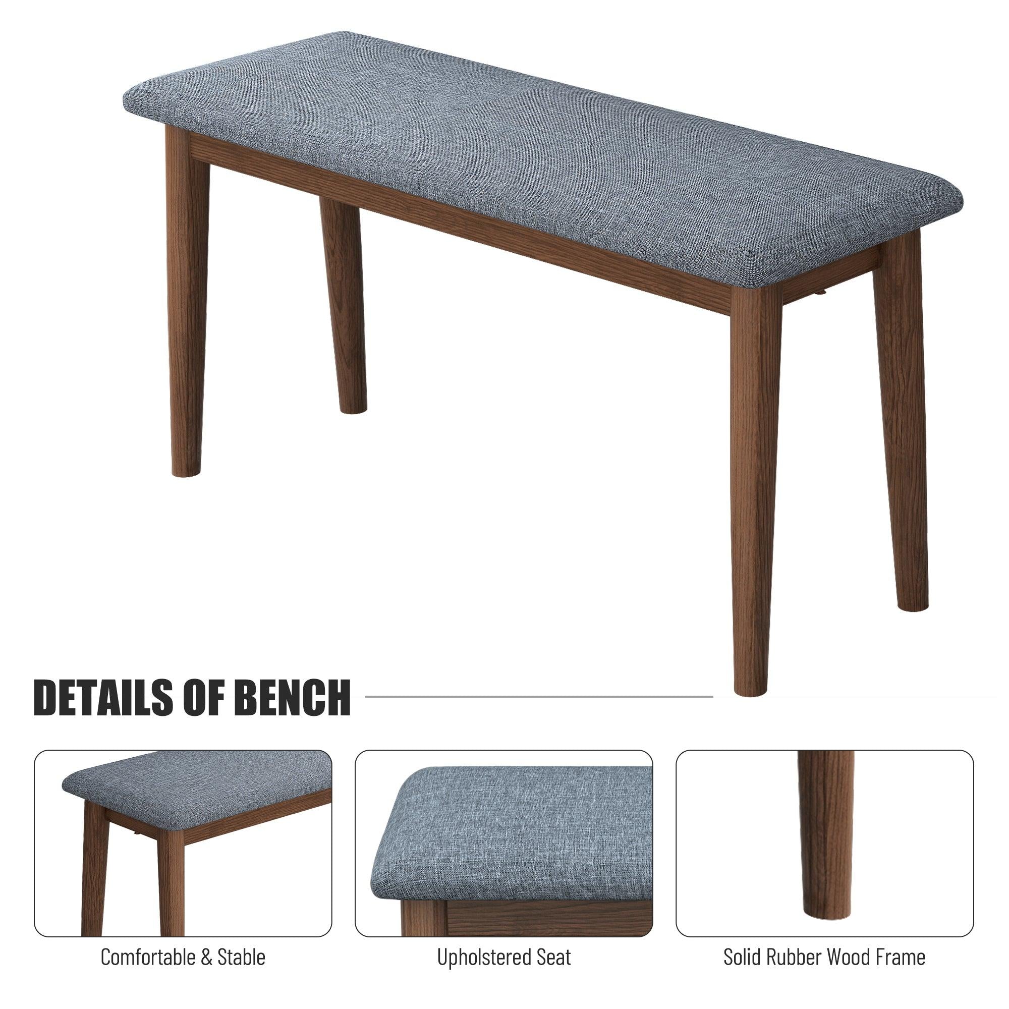 Modern Dining Table Set with 2 Benches and 2 Chairs Fabric Cushion for 6 All Rubber wood Kitchen Dining Table for Dining Room Small Space Grey