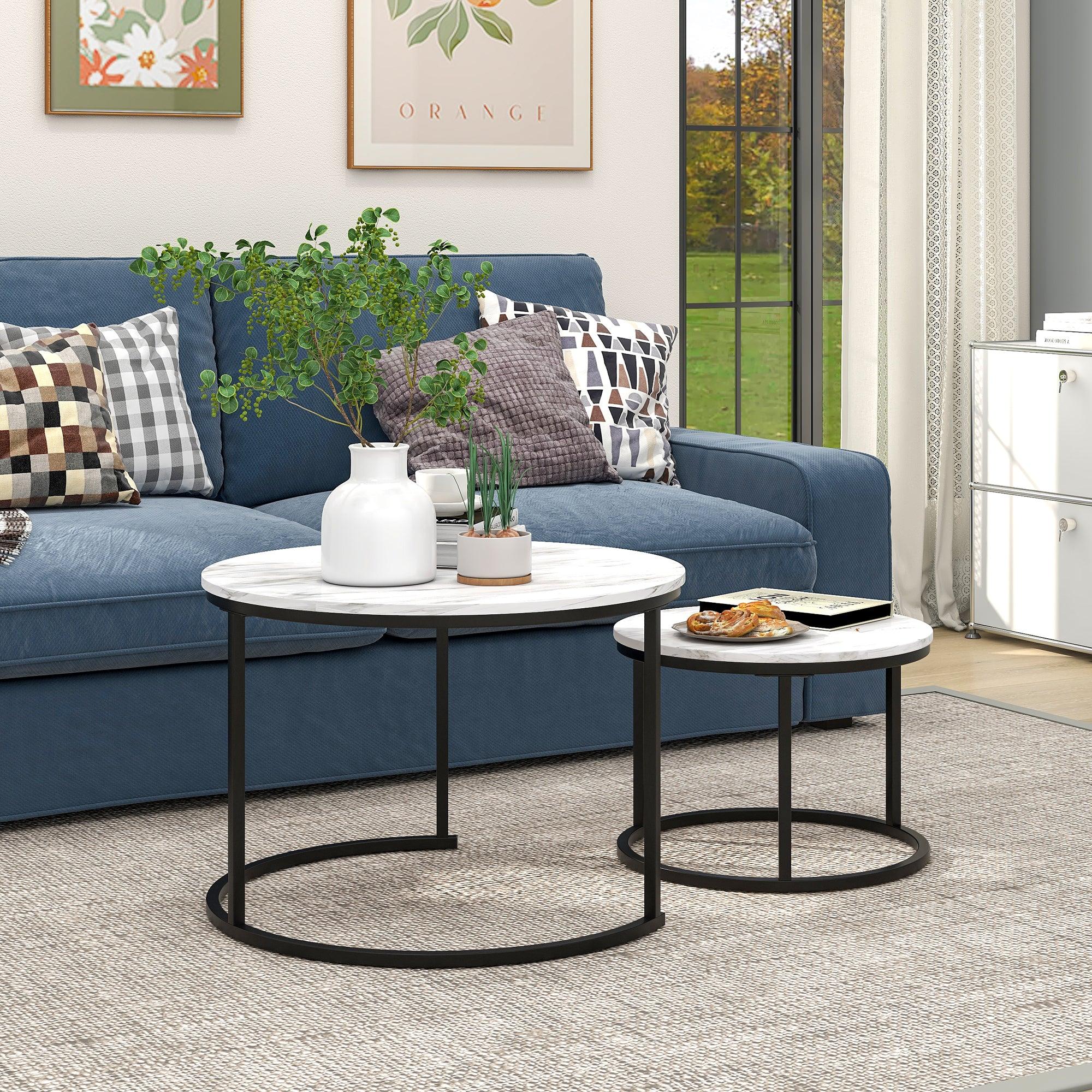 Coffee Tables for Living Room - Round Coffee Table Set of 2 End Tabl, Nesting Tables for Small Spaces, Easy to Assemble, Black+White image