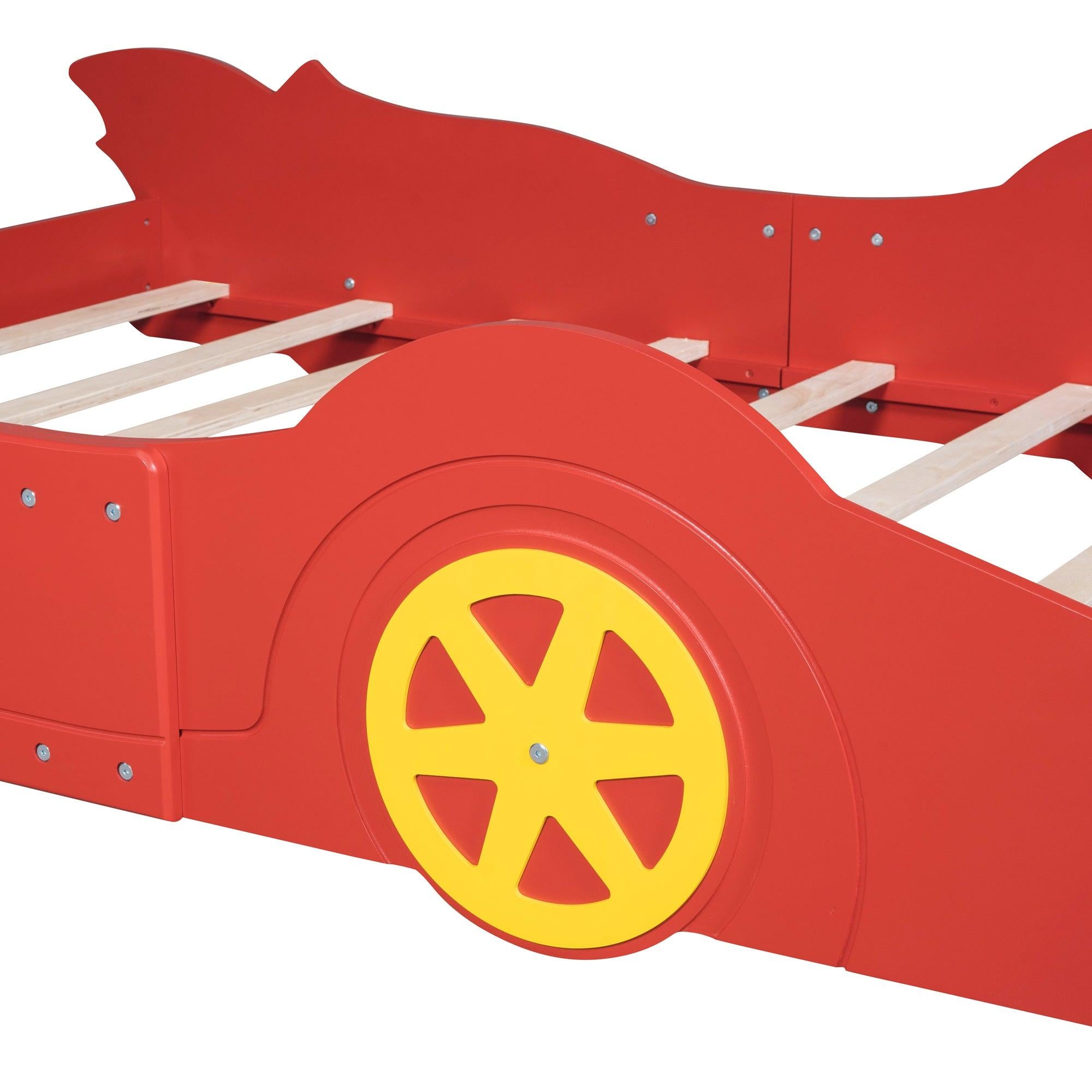 Full Size Race Car-Shaped Platform Bed with Wheels,Red