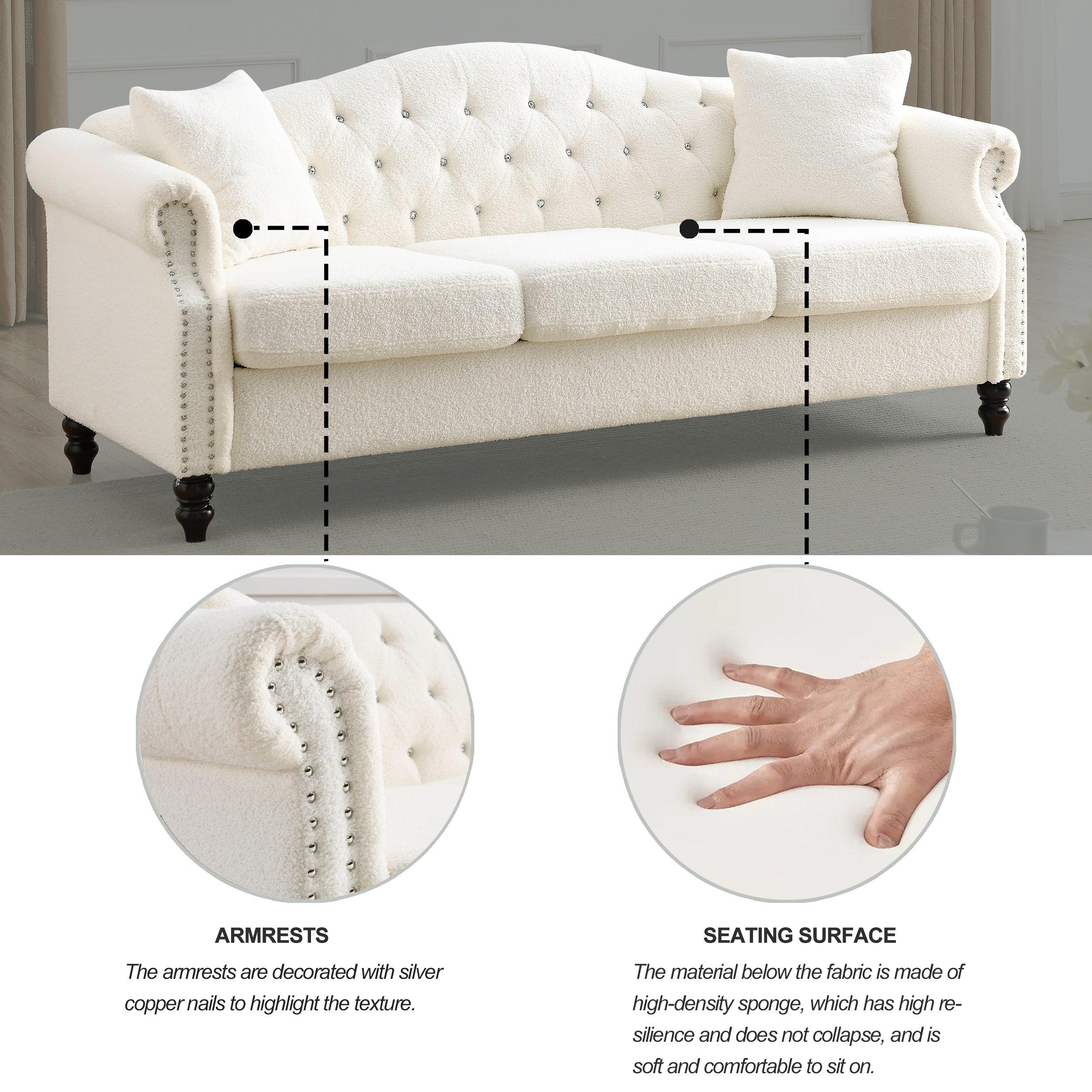 79" Chesterfield Sofa Teddy white for Living Room, 3 Seater Sofa Tufted Couch with Rolled Arms and Nailhead for Living Room, Bedroom, Office, Apartment, two pillows