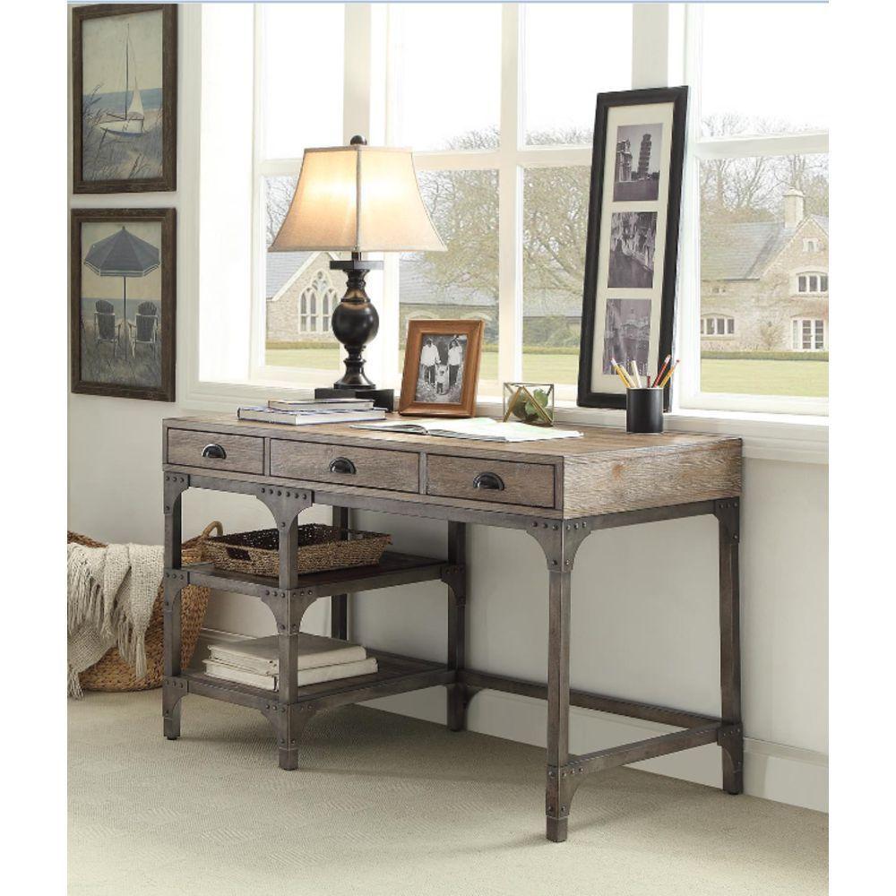 ACME Gorden Desk in Weathered Oak & Antique Silver 92325 image