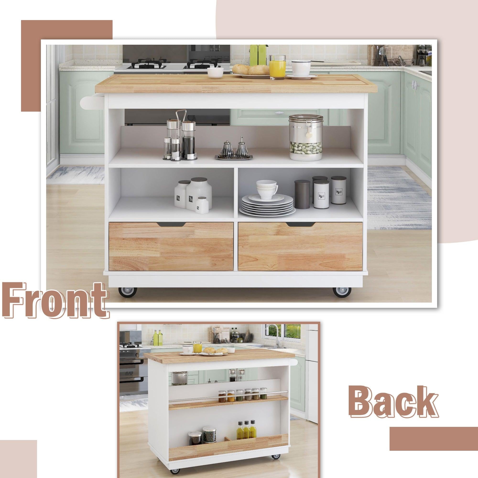 Kitchen Cart Rolling Mobile Kitchen Island Solid Wood Top, Kitchen Cart With 2 Drawers,Tableware Cabinet（White）