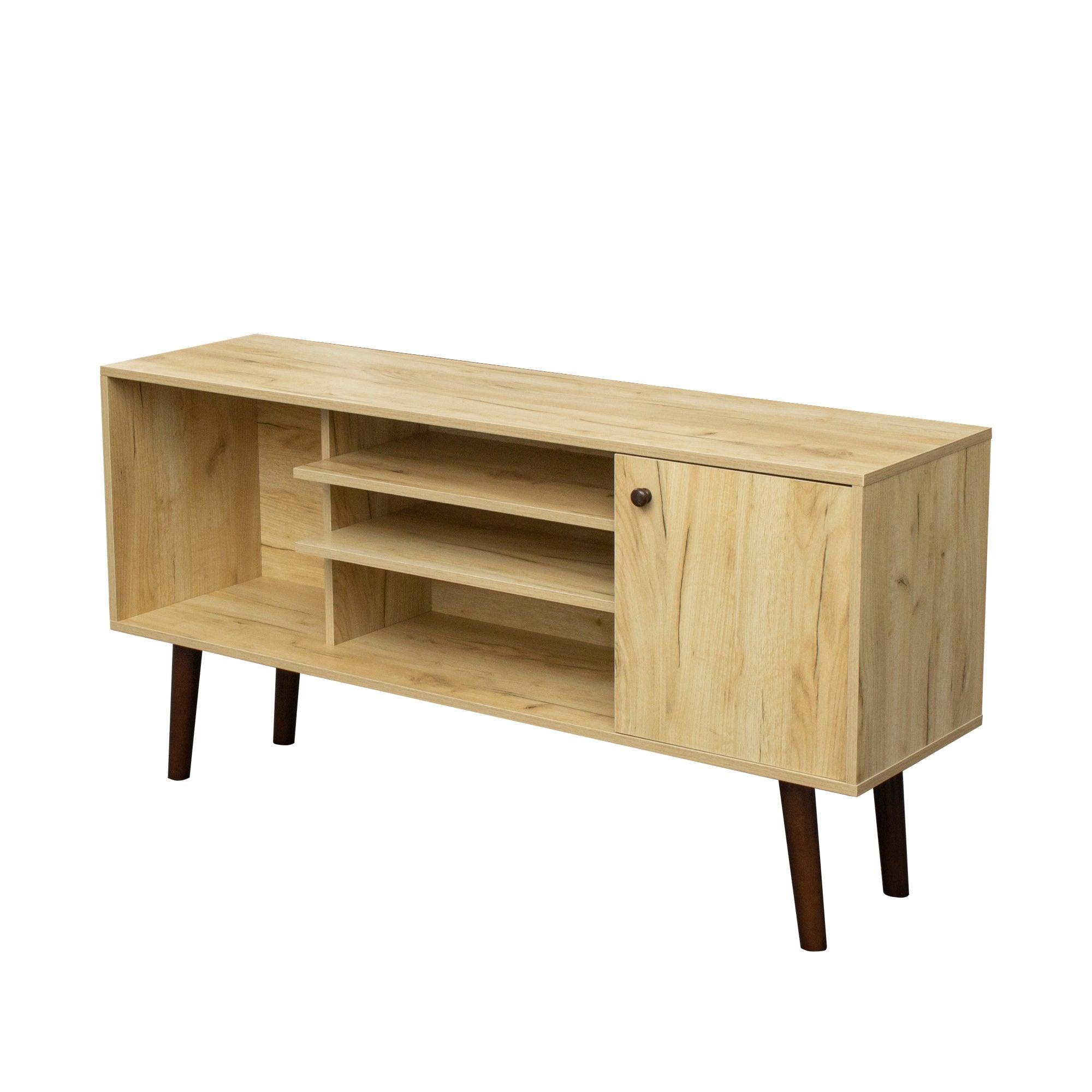 Mid-Century TV Stand for TVs up to 60 Inches, Entertainment Center with OpenStorage Shelves & Cabinet,Modern TV Console for Living Room, Rustic Oak.