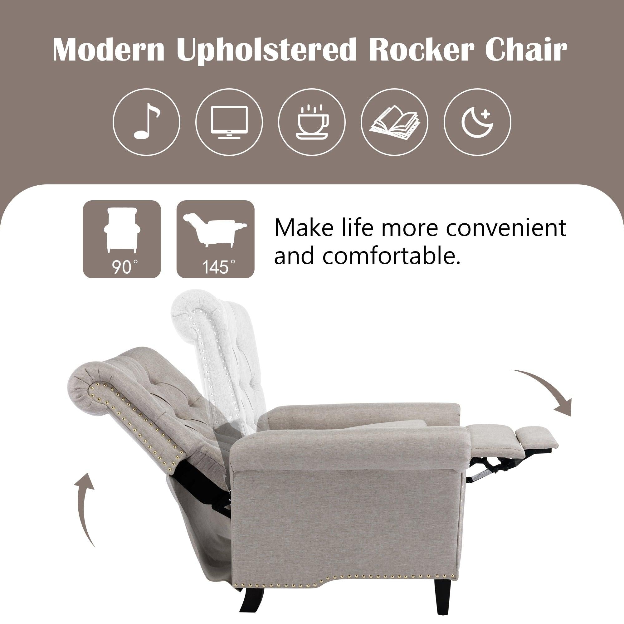 Pushback Linen Tufted Recliner Single Sofa with Nailheads Roll Arm for Living Room, Bedroom, Office, Tan