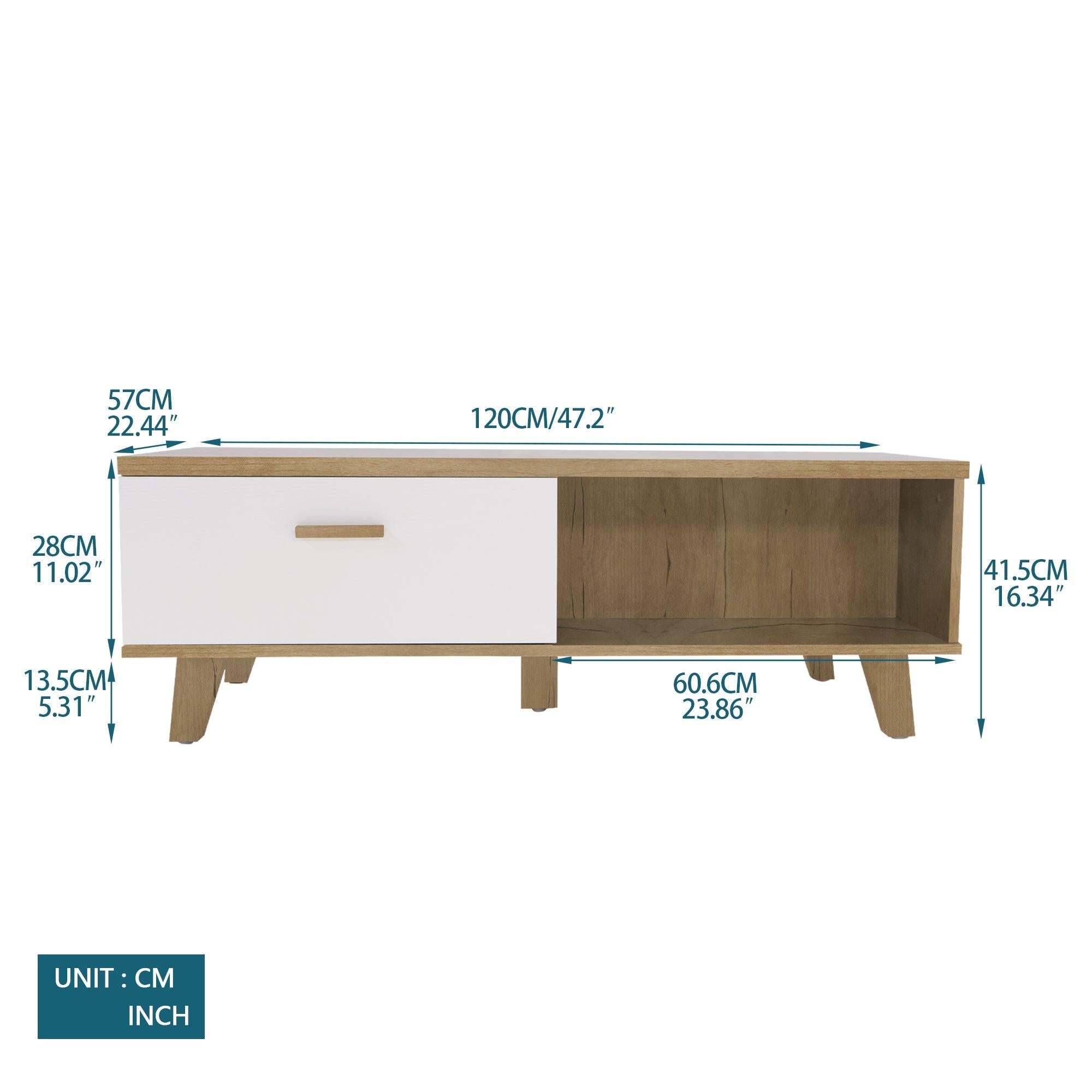 COFFEE TABLE，computer table, wood+white color, solid wood handles and legs, two drawers