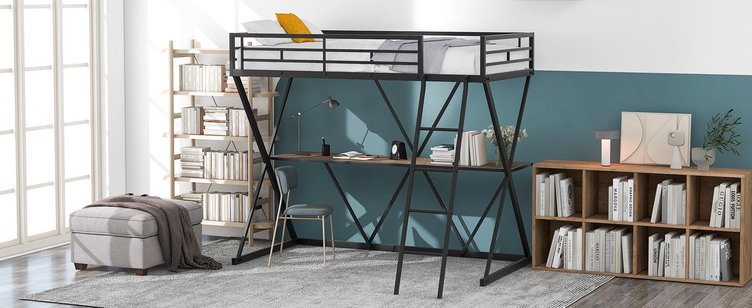 Twin Size Loft Bed with Desk, Ladder and Full-Length Guardrails, X-Shaped Frame, Black+B70608