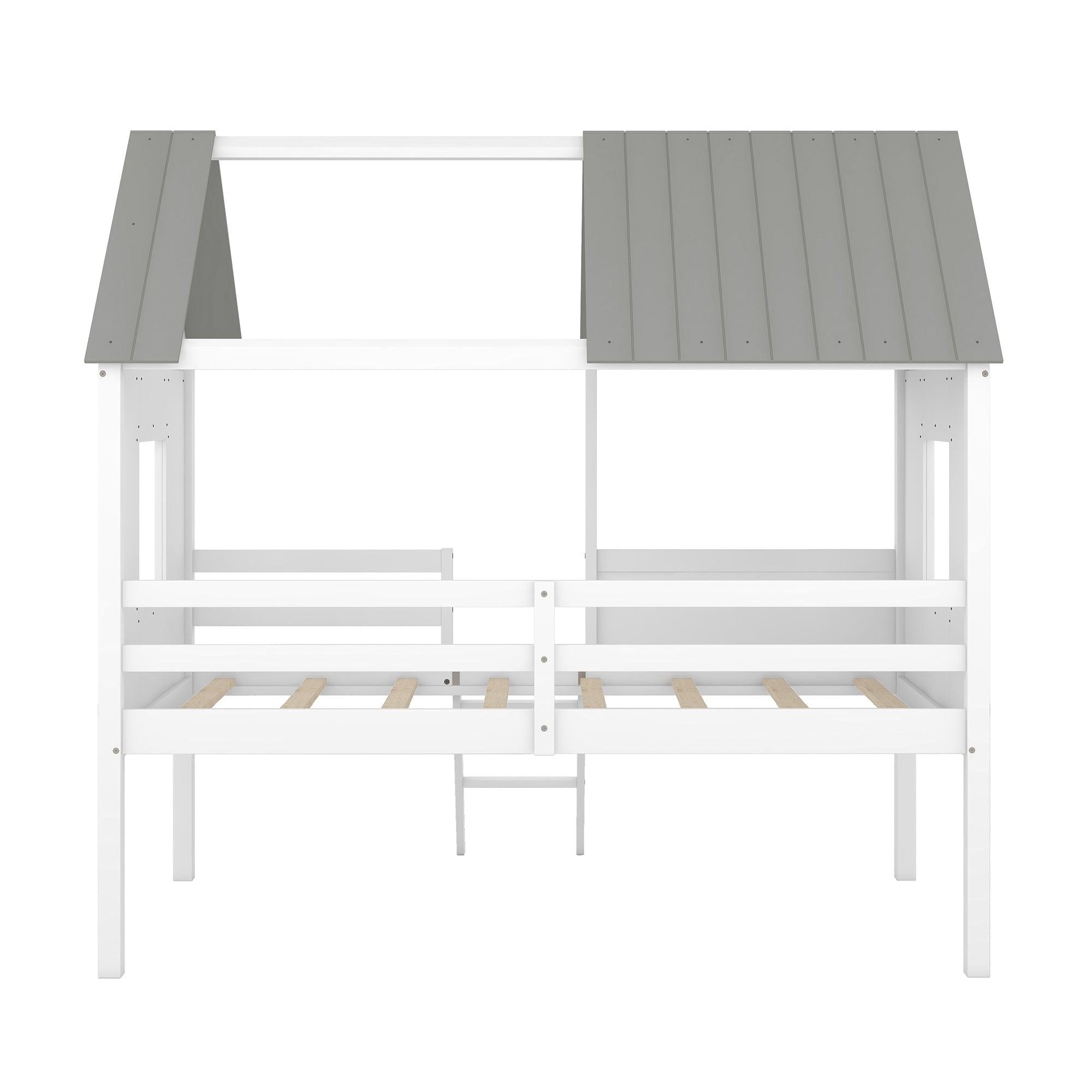 Twin Size Low Loft Wood House Bed with Two Side Windows  (White+Gray)