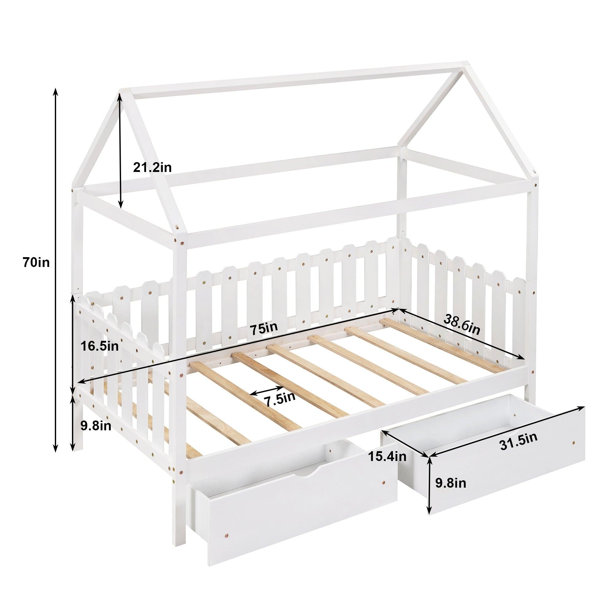 Twin Size House Bed with drawers, Fence-shaped Guardrail, White