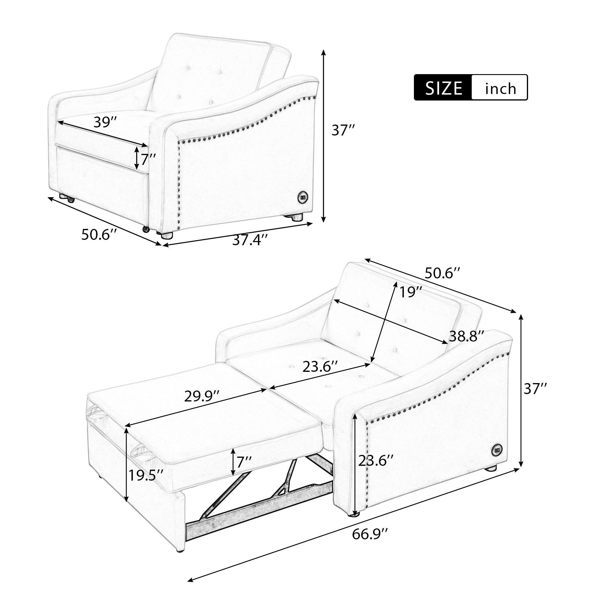 50.6" Convertible Sleeper Bed, Adjustable Sofa Couch with Dual USB Ports for Living Room Space,Cream White