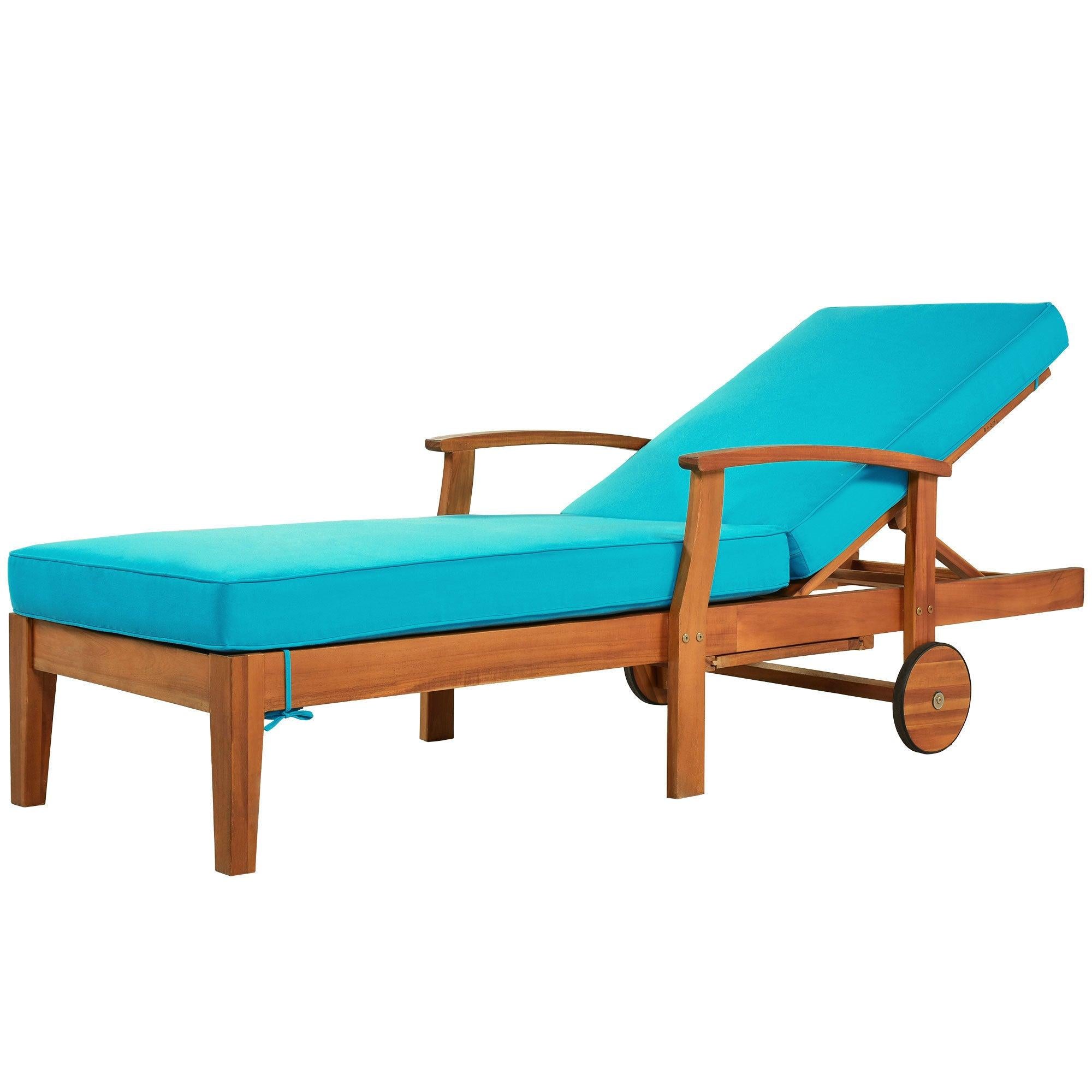 Outdoor Solid Wood 78.8" Chaise Lounge Patio Reclining Daybed with Cushion, Wheels and Sliding Cup Table for Backyard, Garden, Poolside,Brown Wood Finish+Blue Cushion, Set of 2