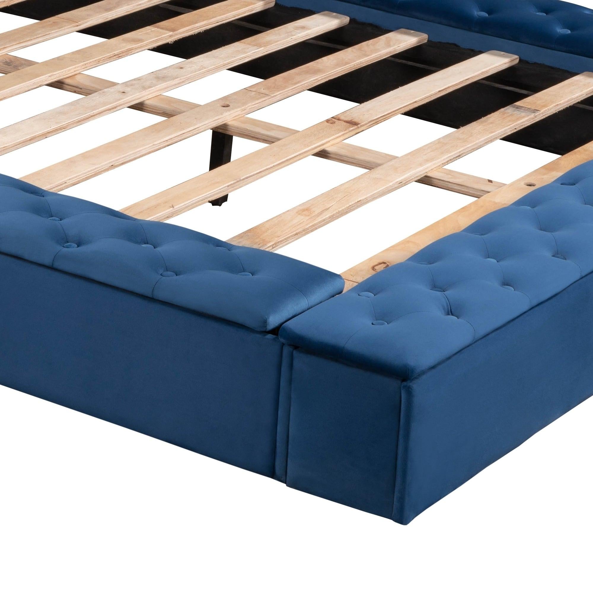 Queen Size Upholstery Low ProfileStorage Platform Bed withStorage Space on both Sides and Footboard,Blue