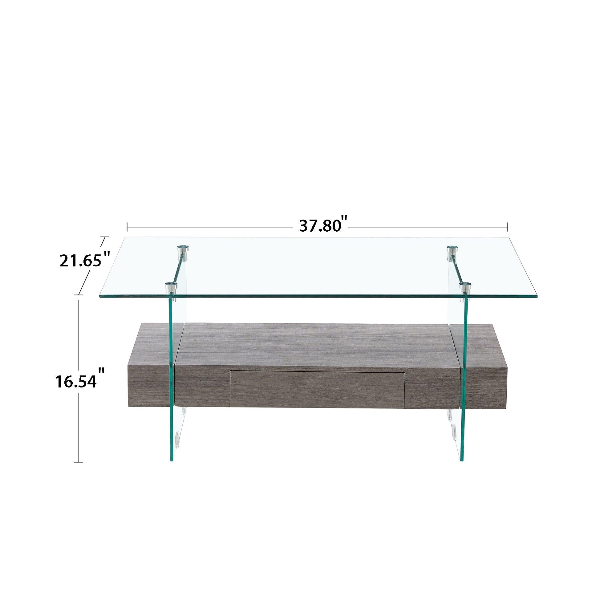 37.8" Tempered Glass Coffee table with Dual Shelves and MDF Drawer, Tea Table for living roon, bedroom，transparent/gray