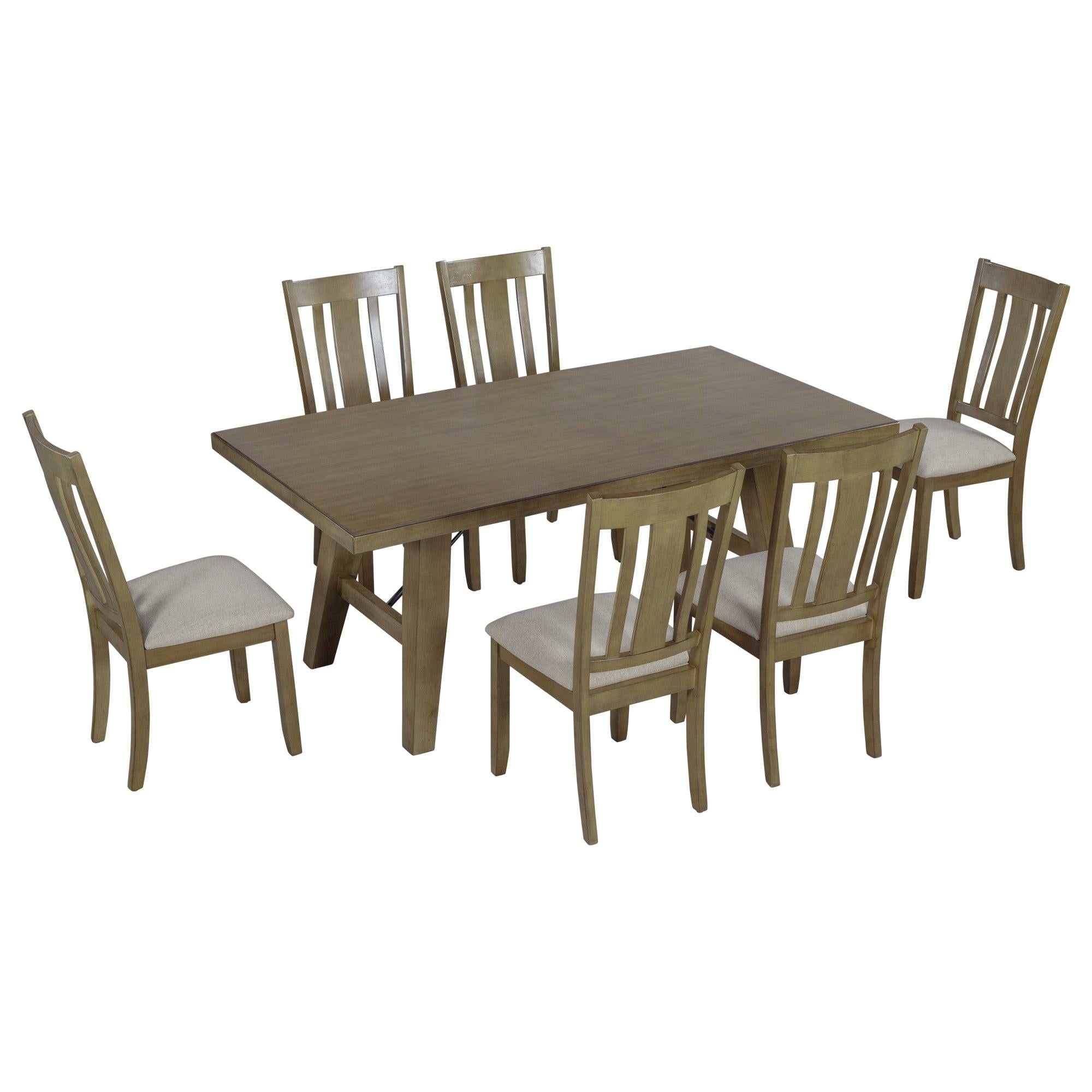 7-Piece Dining Room Set - 72" Industrial Style Rectangular Table with Chain Bracket and 6 Dining Chairs (Natural Walnut)