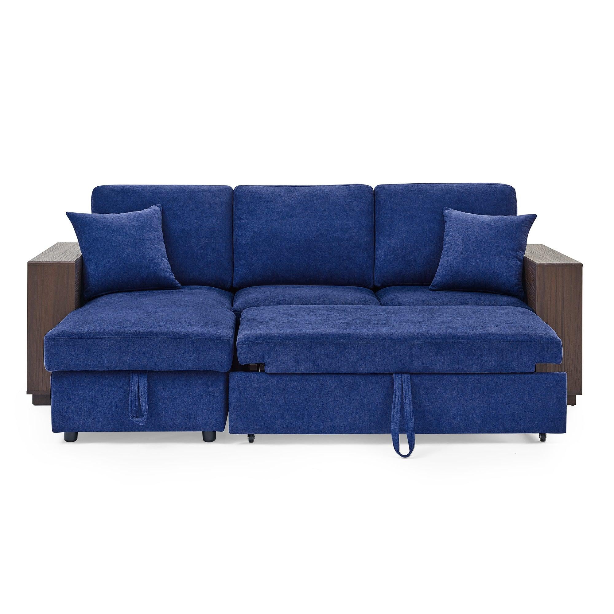 Sectional Sofa with Pulled Out Bed, 2 Seats Sofa and Reversible Chaise withStorage, MDF Shelf Armrest, Two Pillows, Navy Blue, (88" x52" x 34")