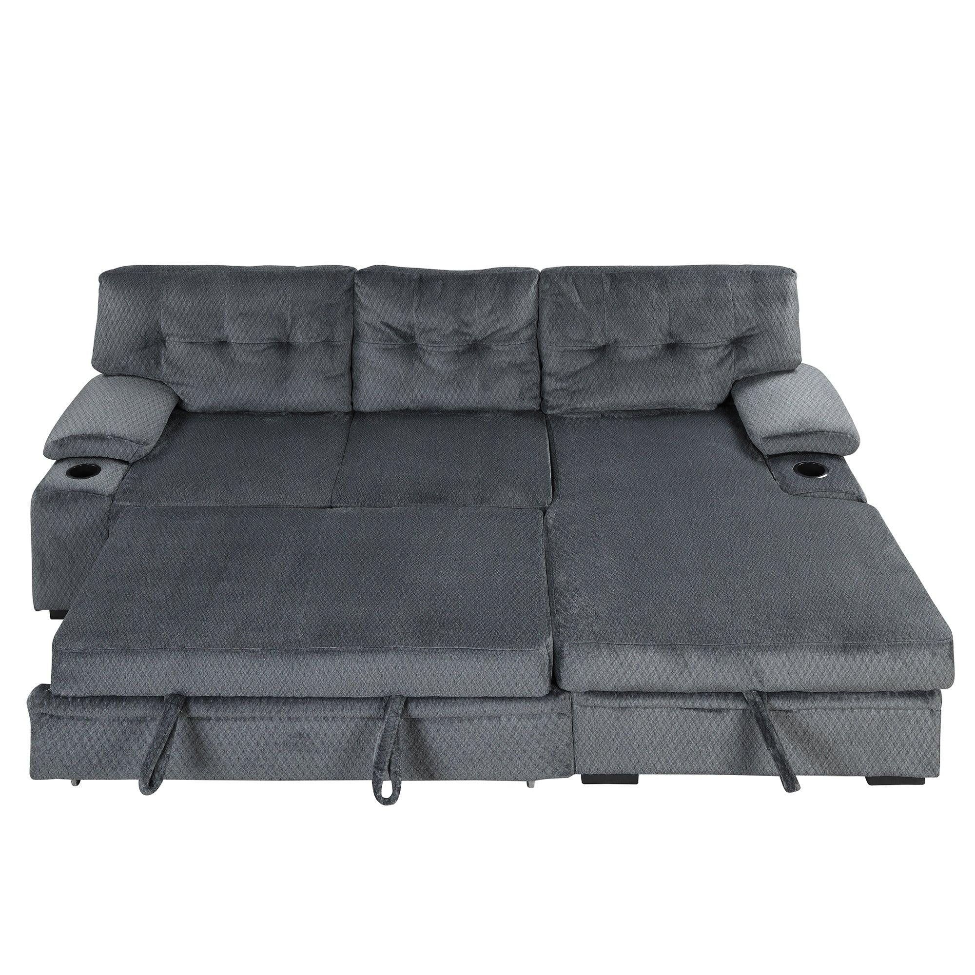 95.7"Modern Padded Upholstered  Sofa Bed Sleeper Sectional Sofa withStorage Chaise and Cup Holder for Living Room Furniture Set