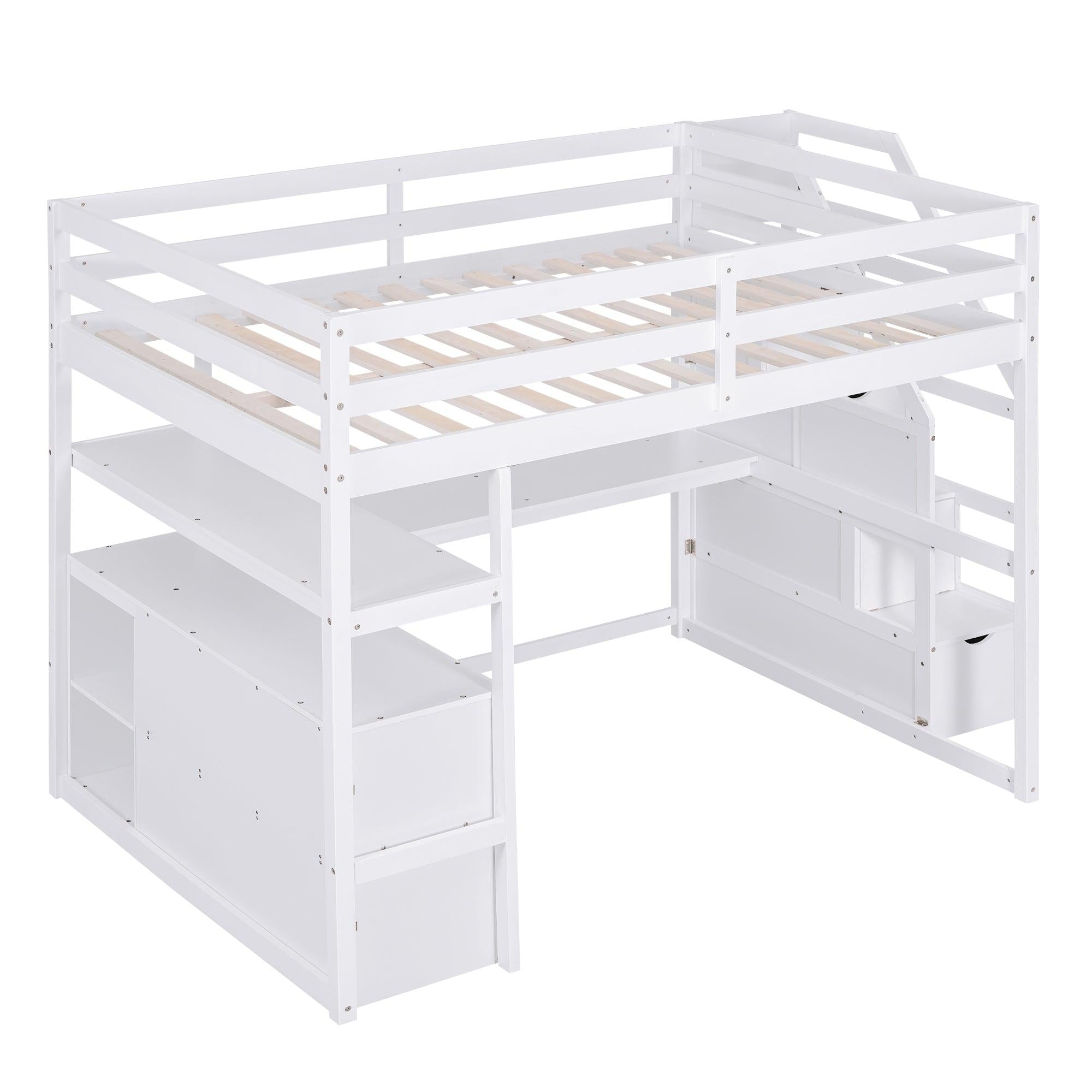 Full Size Loft Bed with Desk and Shelves, Two Built-in Drawers,Storage Staircase, White