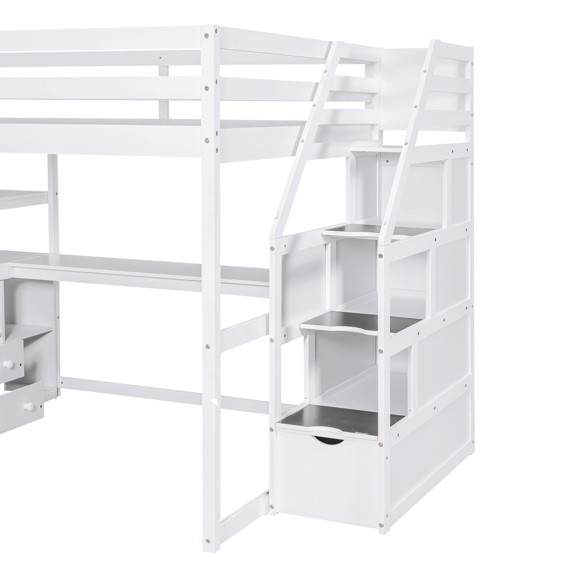 Full Size Loft Bed with Desk and Shelves, Two Built-in Drawers,Storage Staircase, White