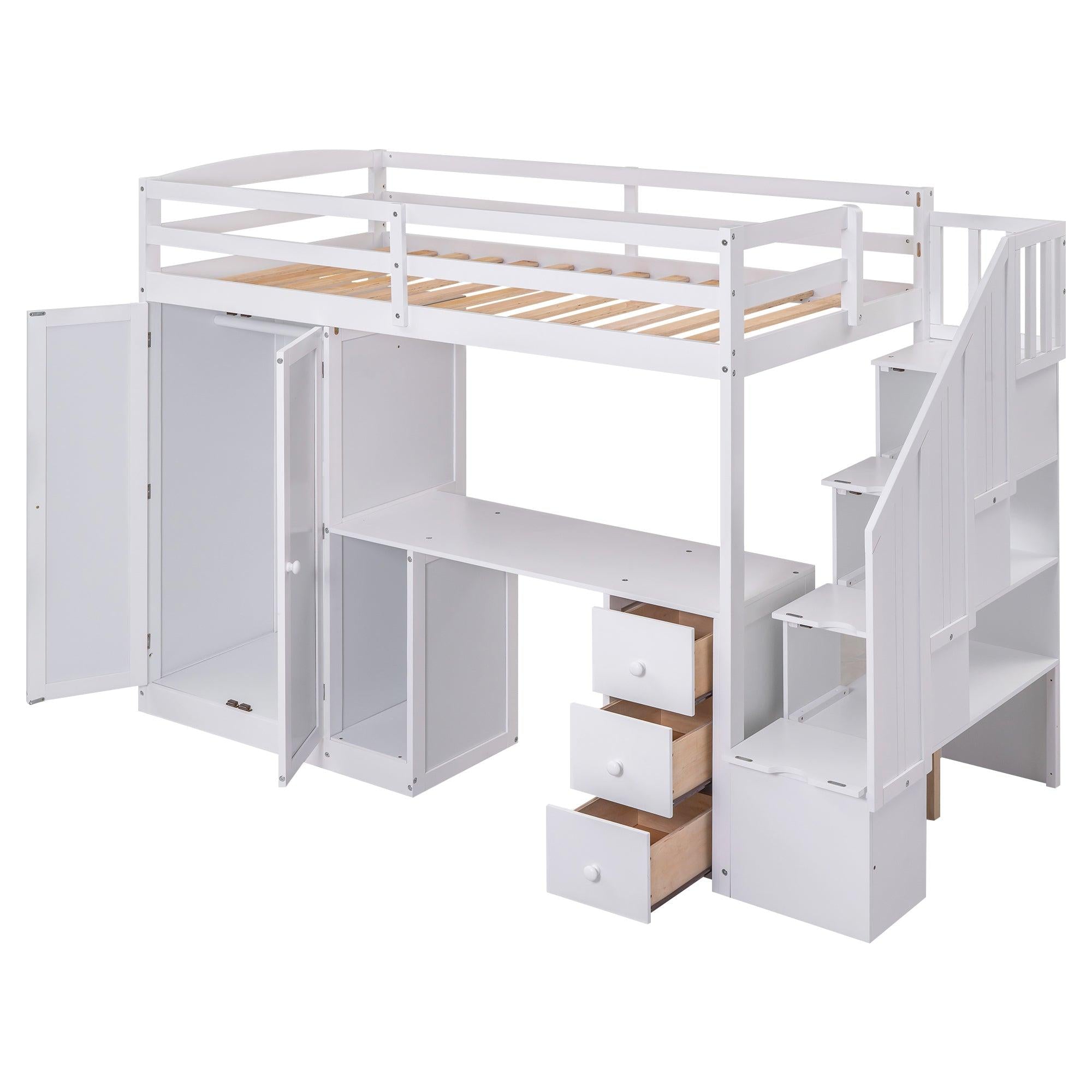 Twin Size Loft Bed with Wardrobe and Staircase, Desk andStorage Drawers and Cabinet in 1, White