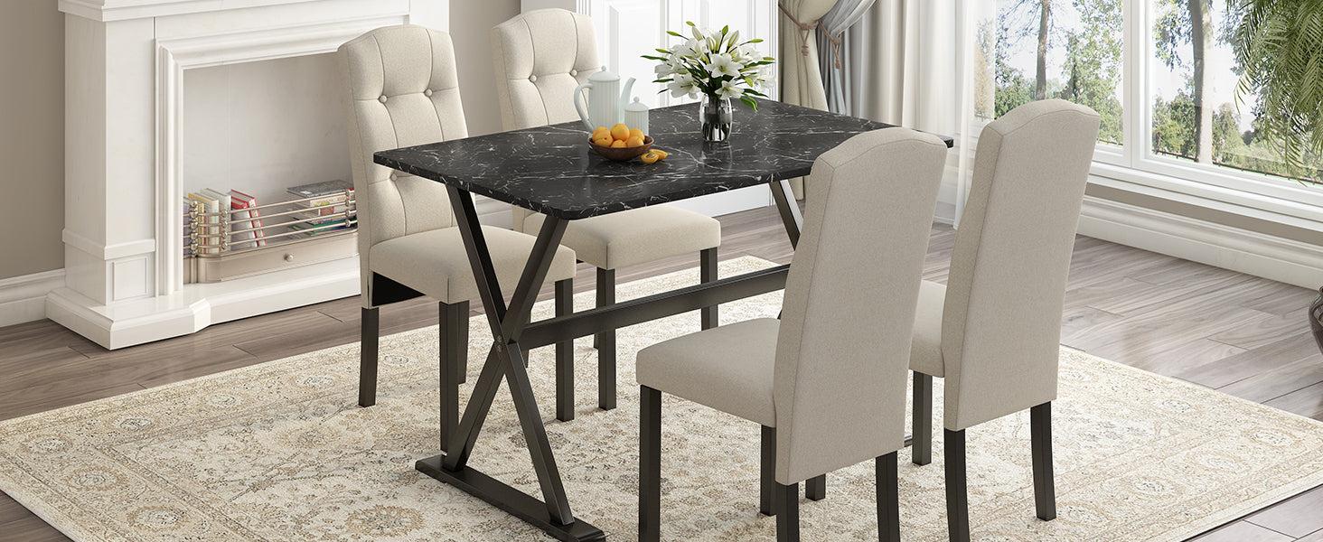 Solid Wood 5-Piece Dining Table Set with Faux Marble Tabletop and Upholstered Dining Chairs for 4, Faux Marble Black+Beige