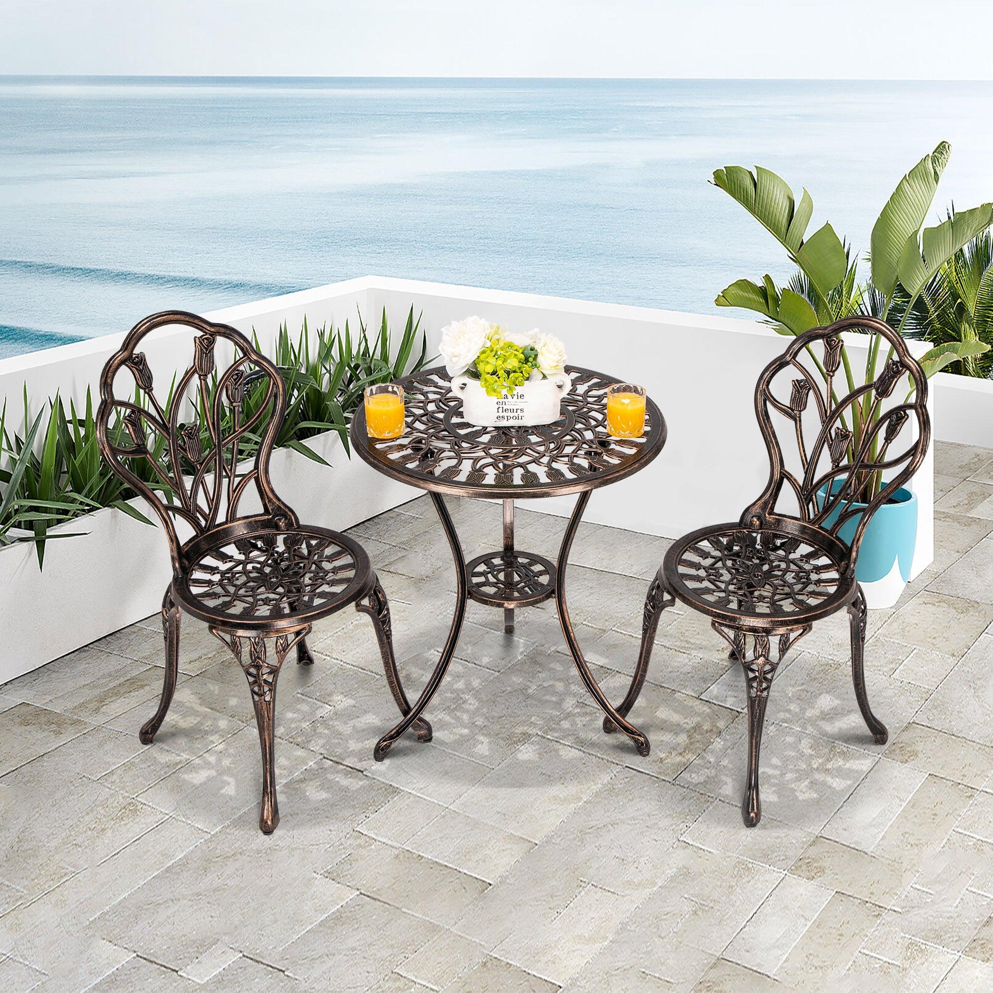 Bistro Table Set, Outdoor Patio Set 3 Piece Table and Chairs, Tulip Carving and Weather Resistant-Antique Bronze