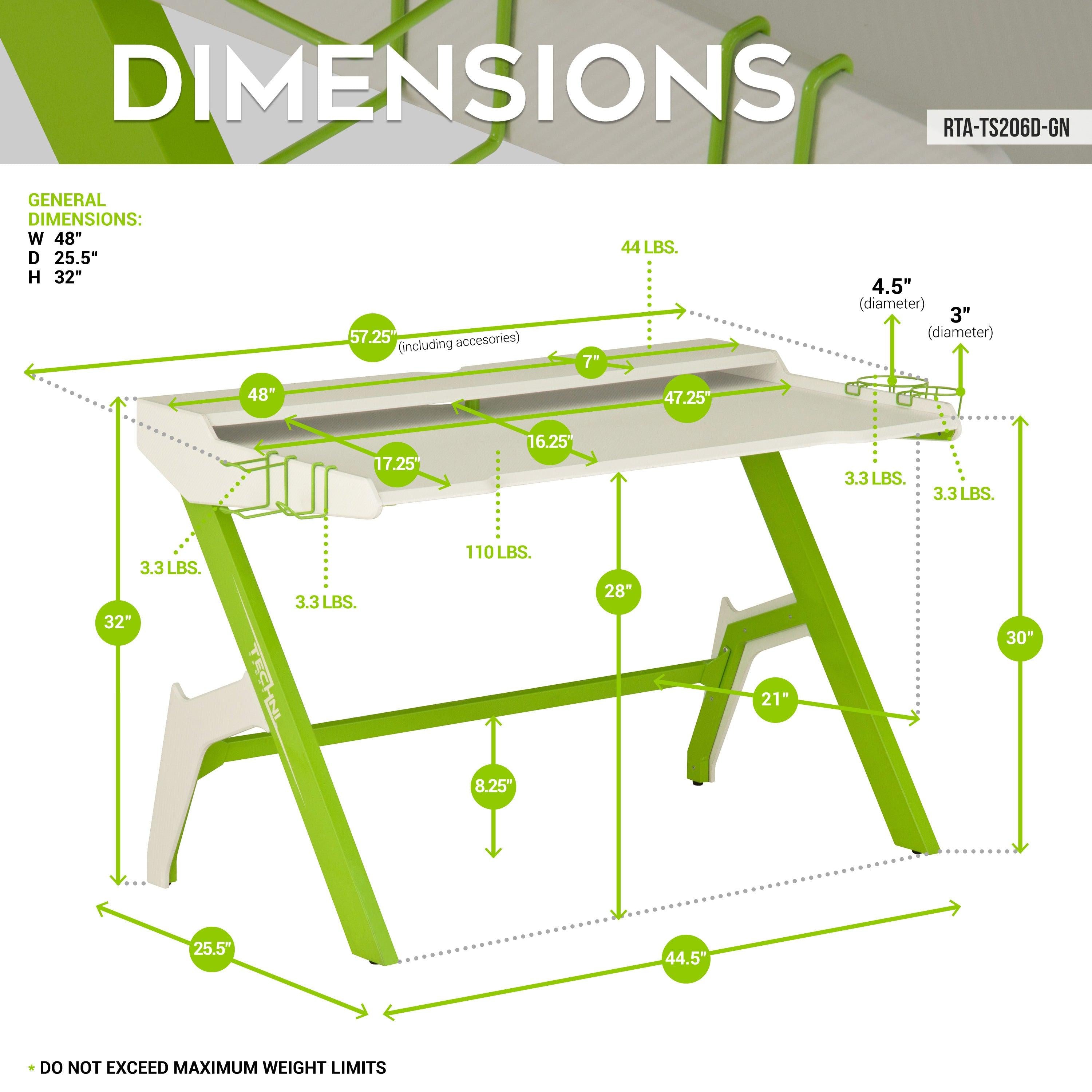 Techni Sport Ergonomic Computer Gaming  Desk Workstation with Cupholder & Headphone Hook, Green