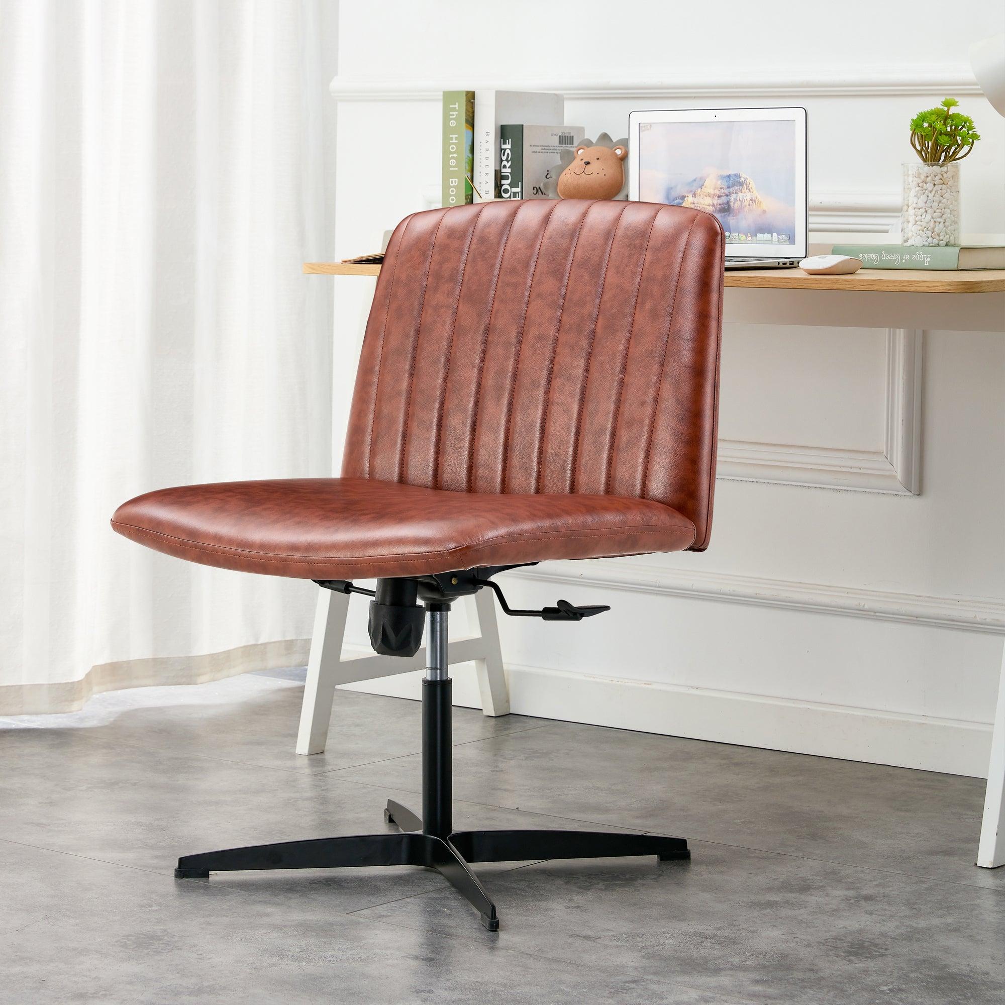 Office chair Brown PU Material. Home Computer Chair Office Chair Adjustable 360 °Swivel Cushion Chair With Black Foot Swivel Chair Makeup Chair Study Desk Chair. No Wheels