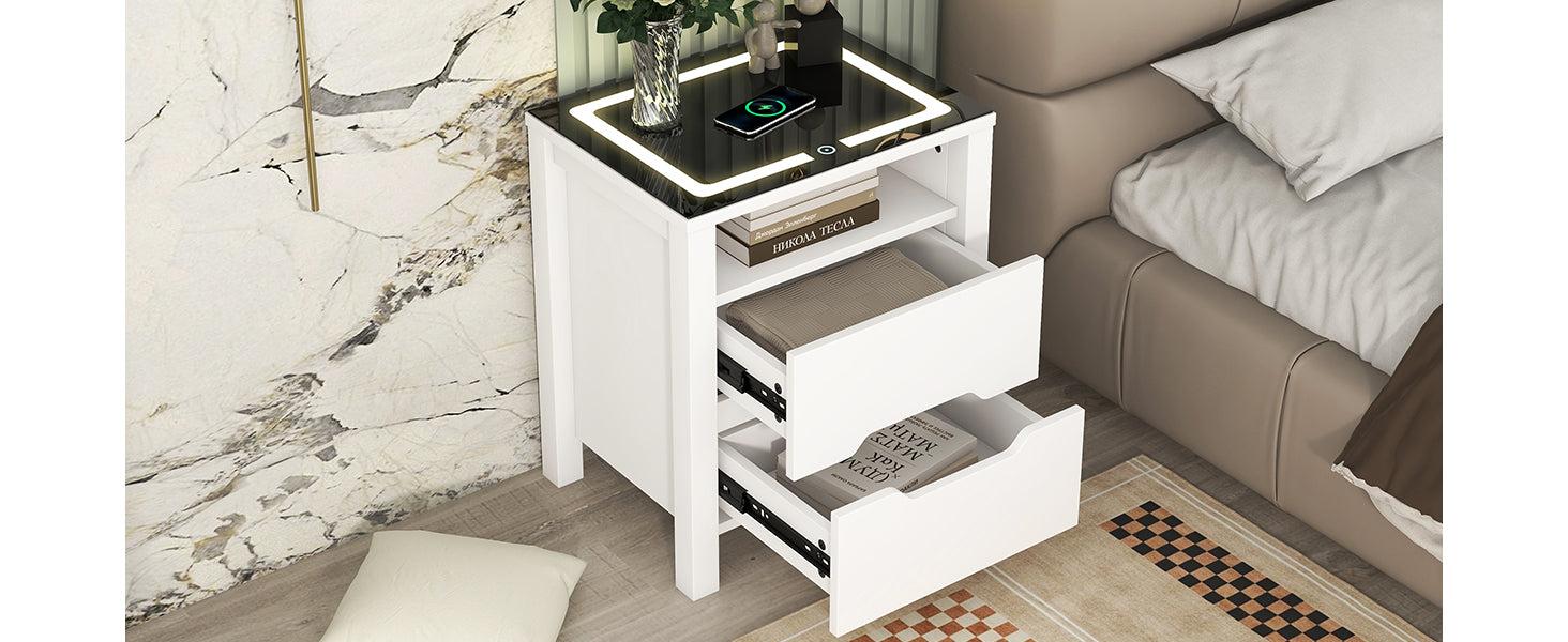 MultifunctionalStorage Nightstand with 2 Drawers and an open shelf, Wireless Charging with adjustable LED, White