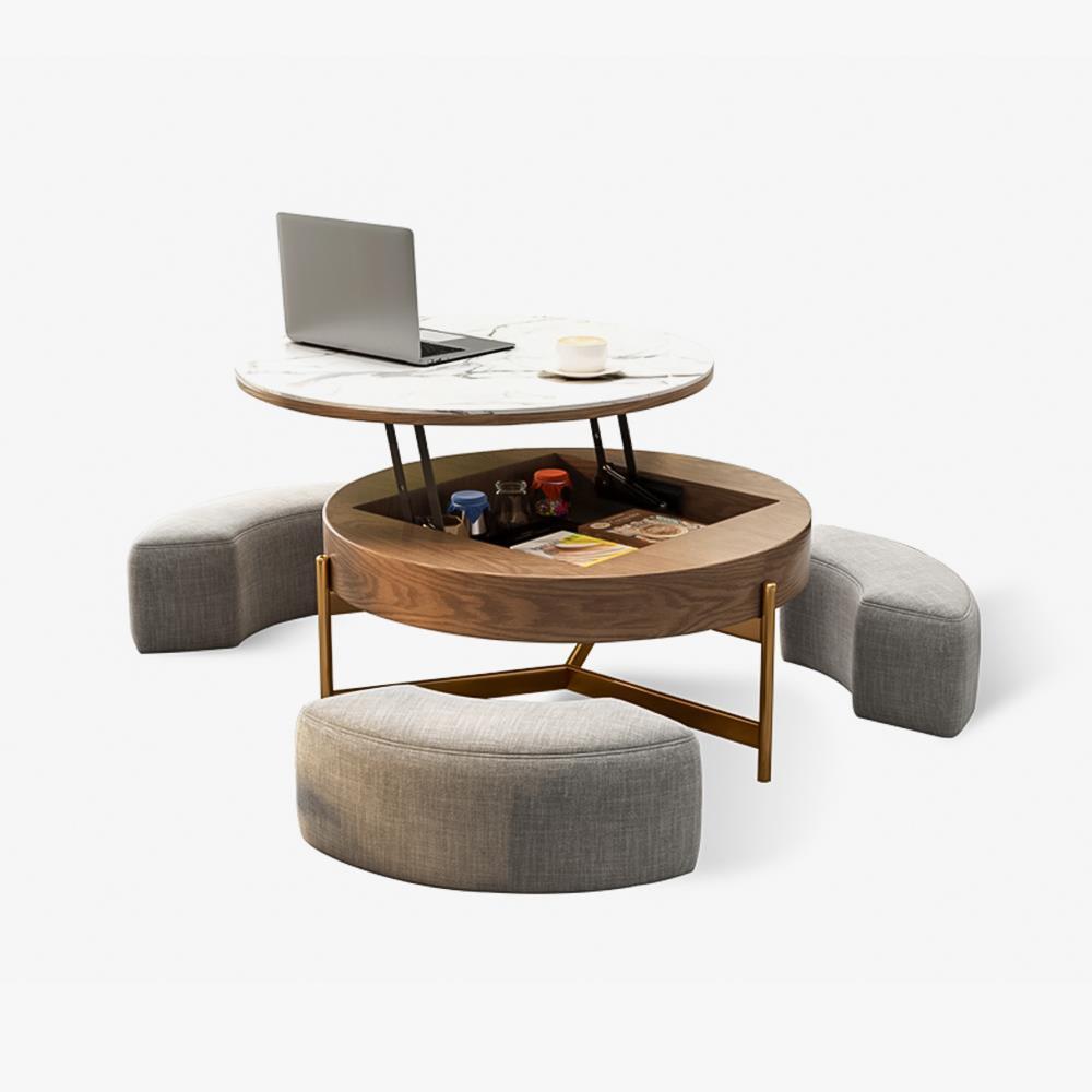 31" Aiona Lifting-top RoundModern Coffee Table withStorage, 3 Ottomans, Sintered Stone Top, Carbon Steel Legs, Brown