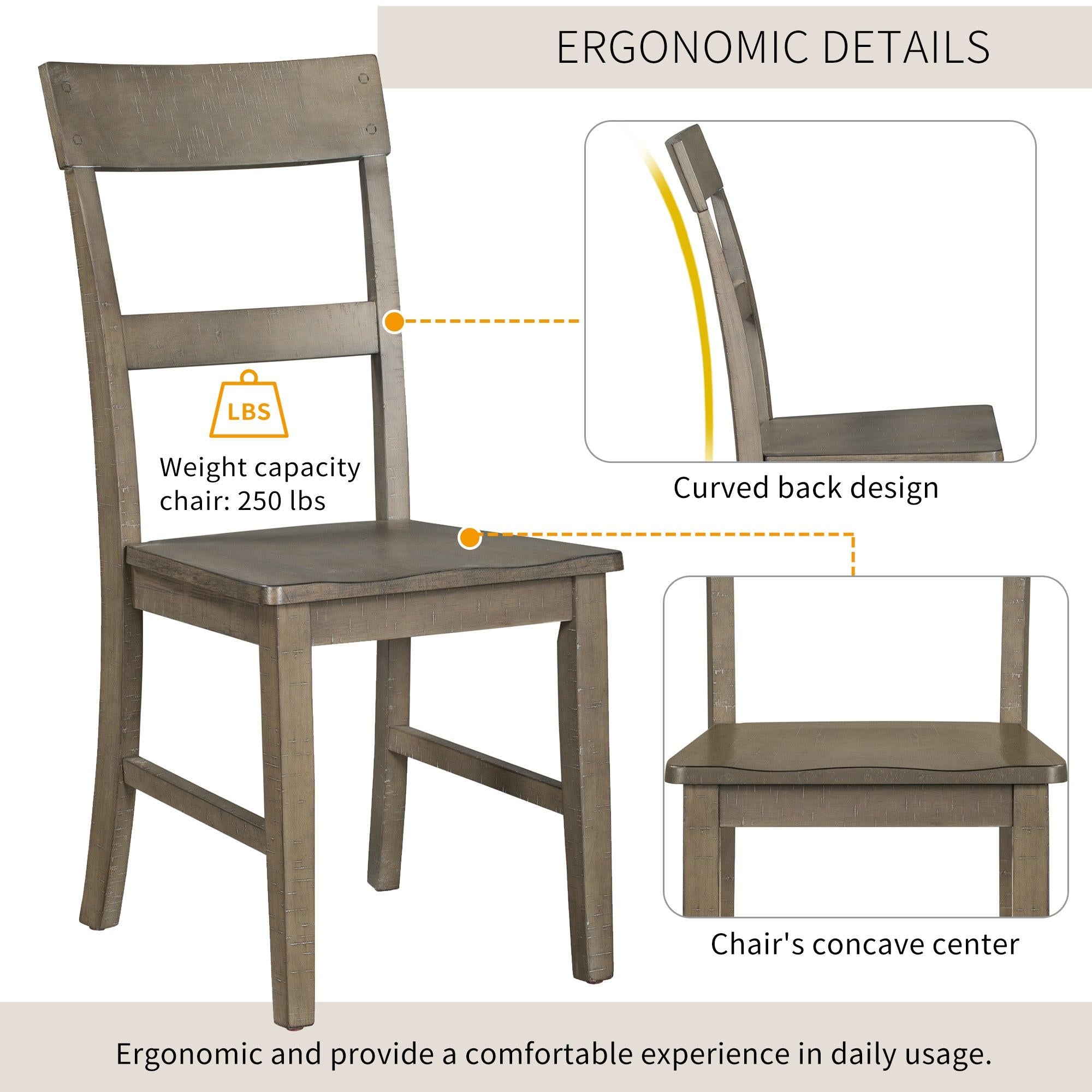 Retro Industrial Style 7-Piece Dining Table Set Extendable Table with 18” Leaf and Six Wood Chairs 
(Gray)