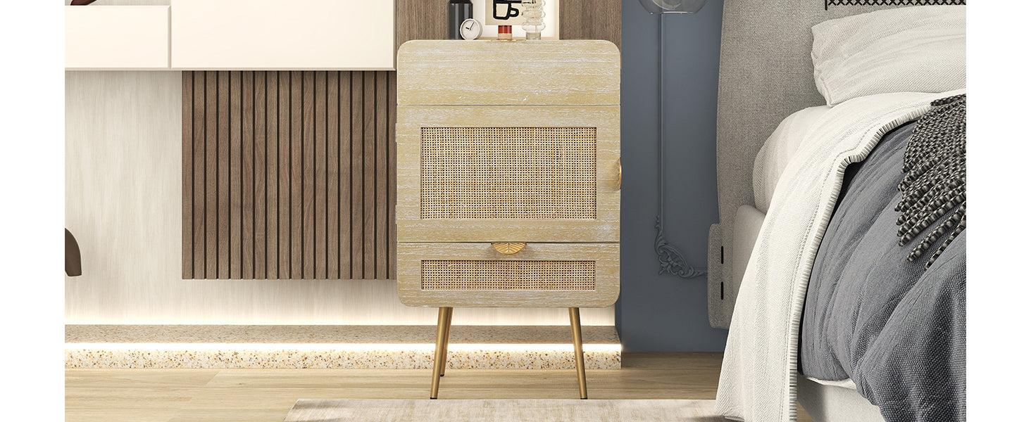 Wooden Nightstand with Rattan Panel,Two Drawers ,One Cabinet and Metal Feet  Bedside Table (Natural)