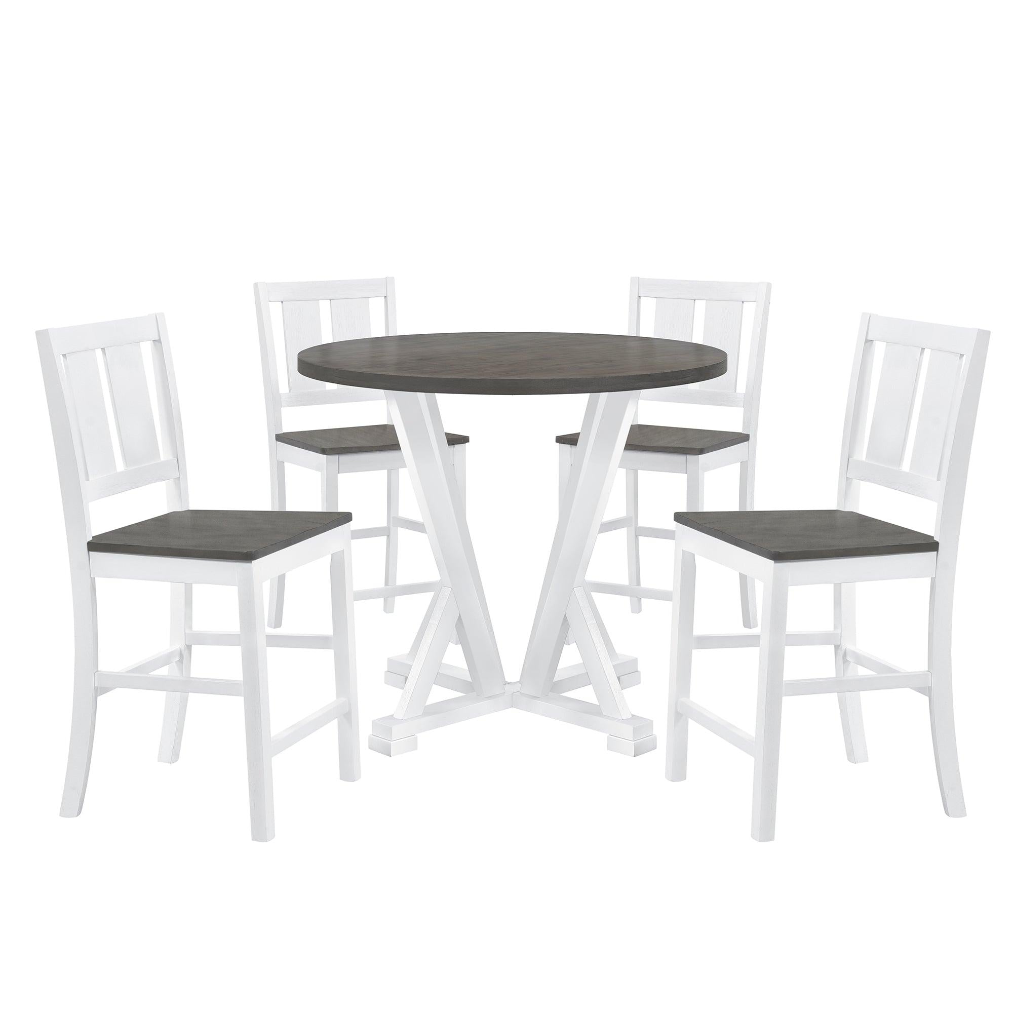 Rustic Farmhouse 5-Piece Counter Height Dining Table Set, Round Kitchen set with 4 Dining Chairs and Thick Tabletop, Grey