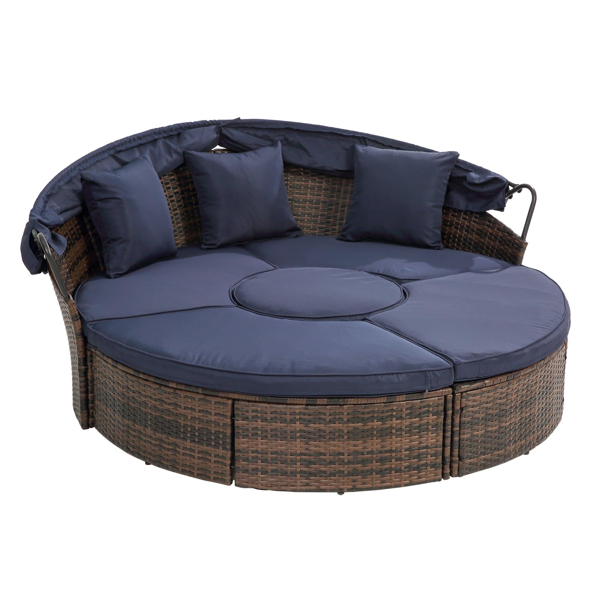 Rattan Round Lounge With Canopy Bali Canopy Bed Outdoor, Wicker Outdoor Sofa Bed with lift coffee table