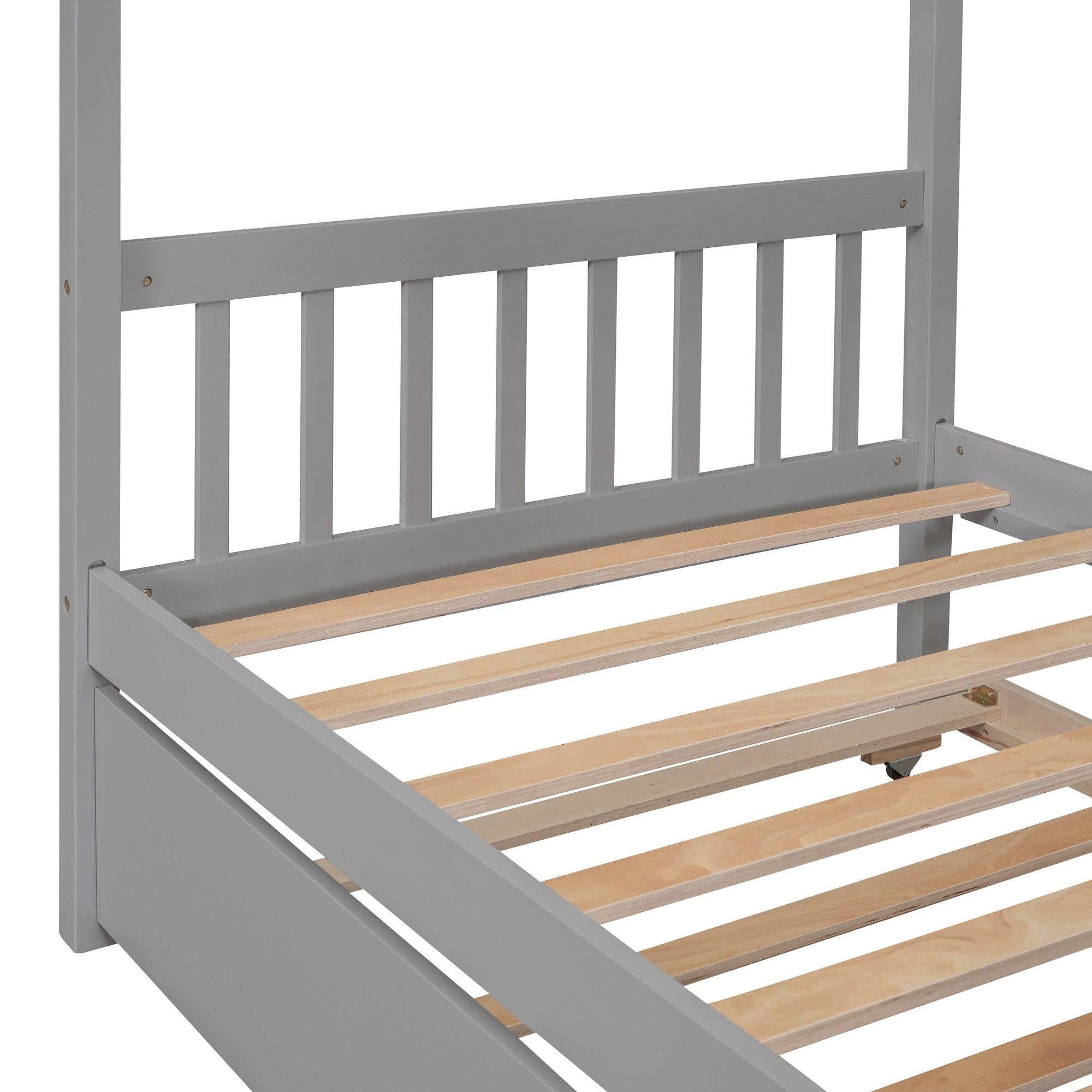 Twin Size Wooden House Bed with Twin Size Trundle, Gray