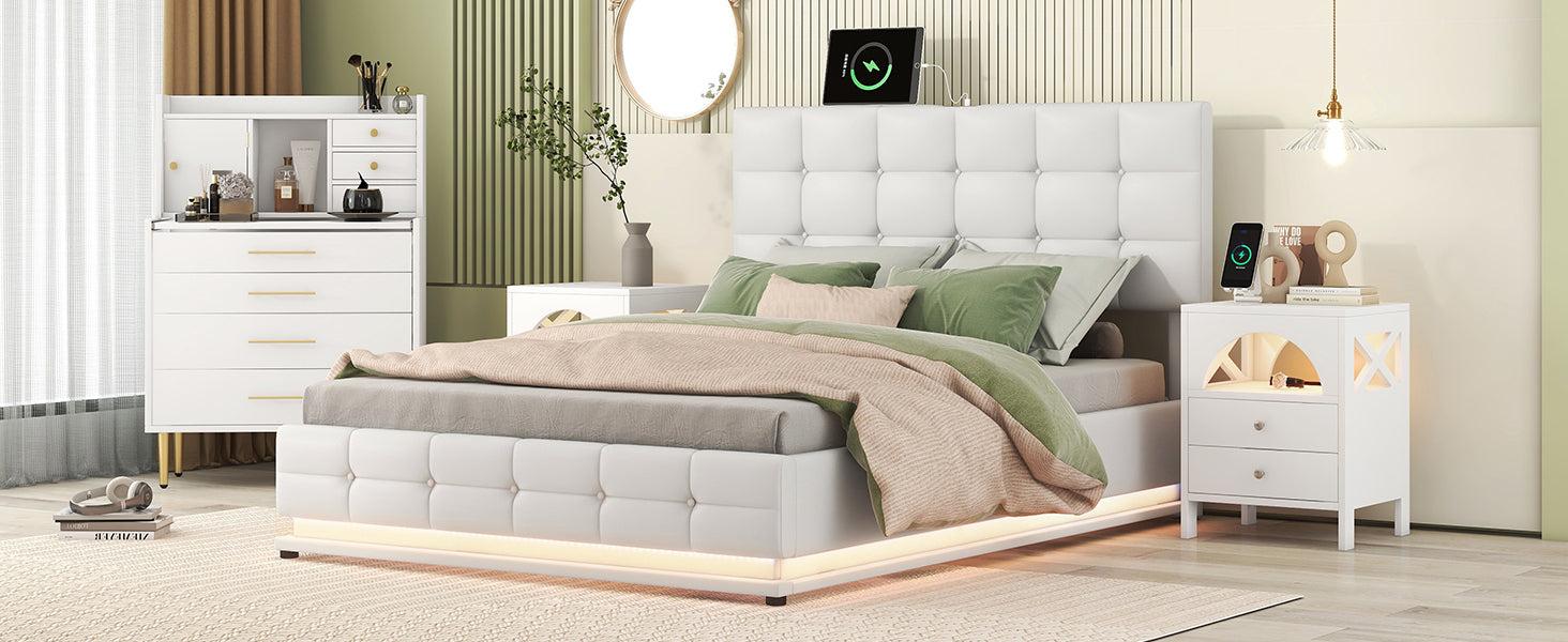 4-Pieces Bedroom Sets Queen Size Upholstered Bed with LED Lights and HydraulicStorage System,Two Nightstands with USB Charging Station and LED lights,Vanity with Mirror and Retractable Table,White