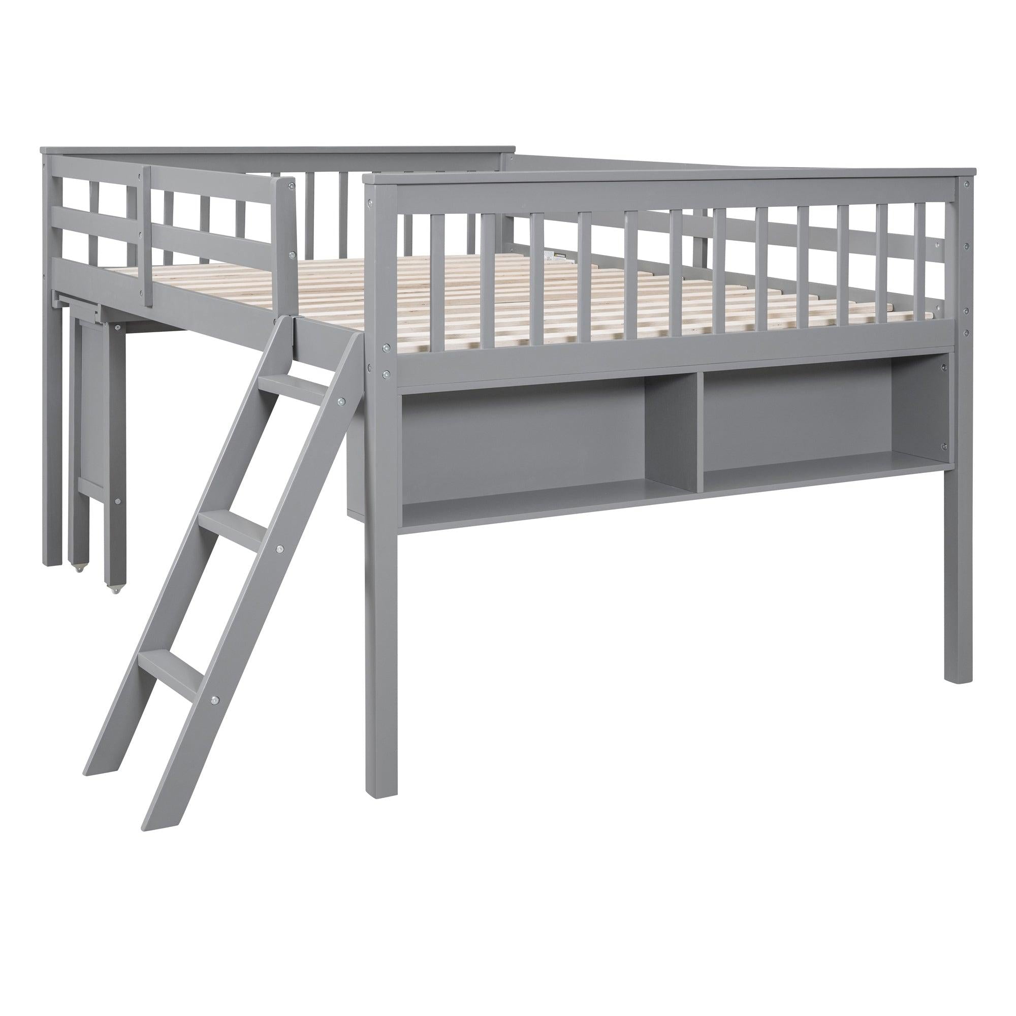 Full Size Loft Bed With Removable Desk and Cabinet, Gray