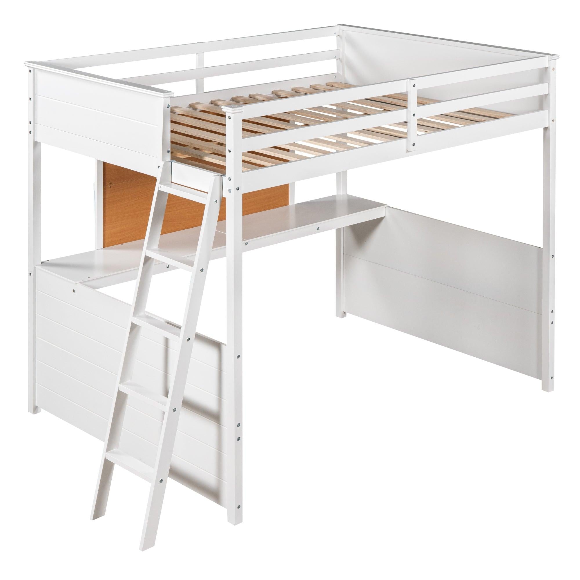 Full size Loft Bed with Desk and Writing Board, Wooden Loft Bed with Desk - White