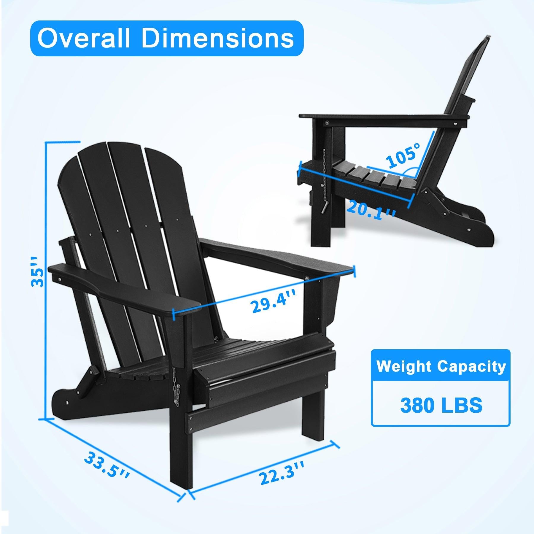 Folding Adirondack Chair Outdoor, Poly Lumber Weather Resistant Patio Chairs for Garden, Deck, Backyard, Lawn Furniture, Easy Maintenance & Classic Adirondack Chairs Design, Black