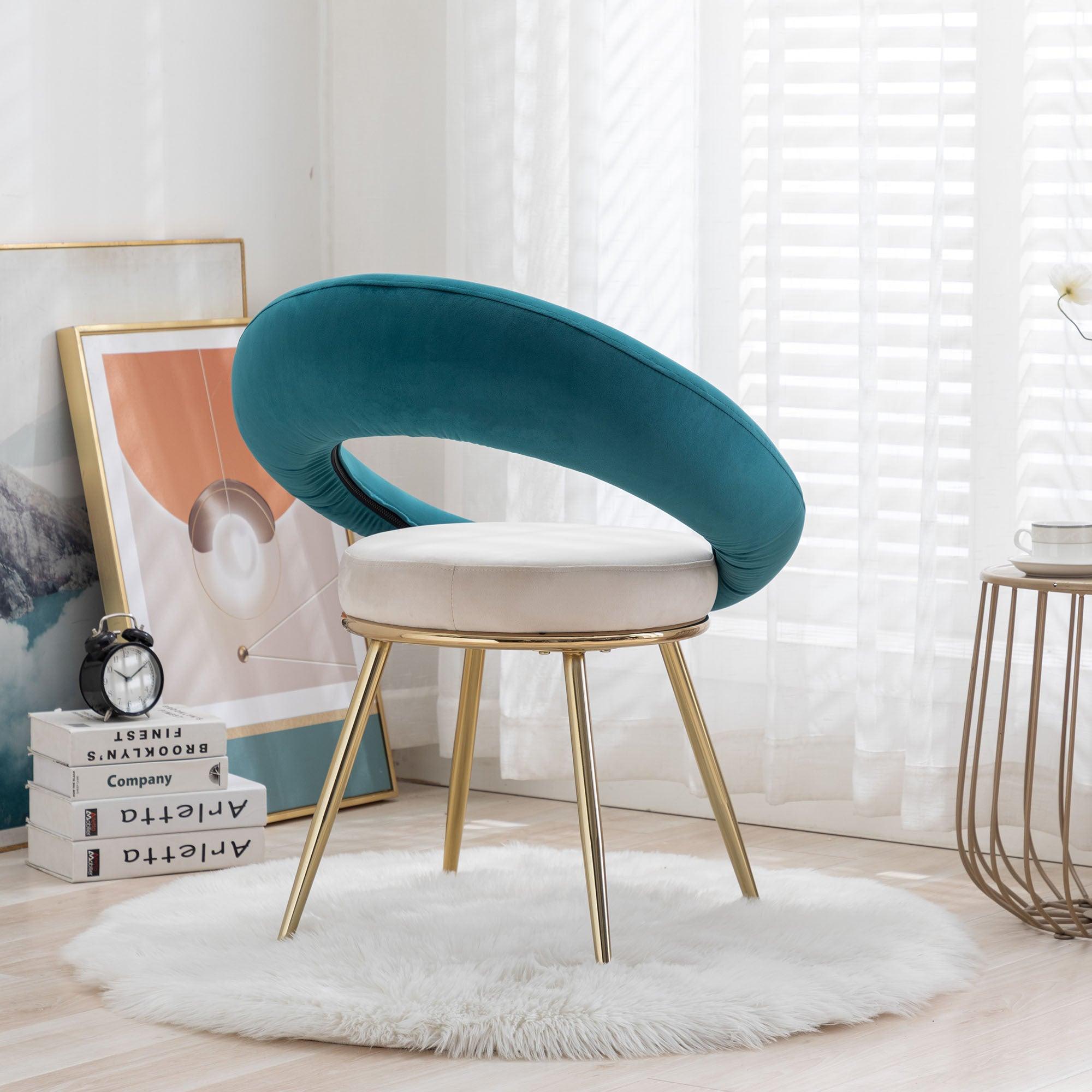 Peacock Blue+Off-White VelvetModern accent/Conversation Lounge Chair With  Gold Plated Legs, unique appearance，Suitable For Office, Lounge, Living Room