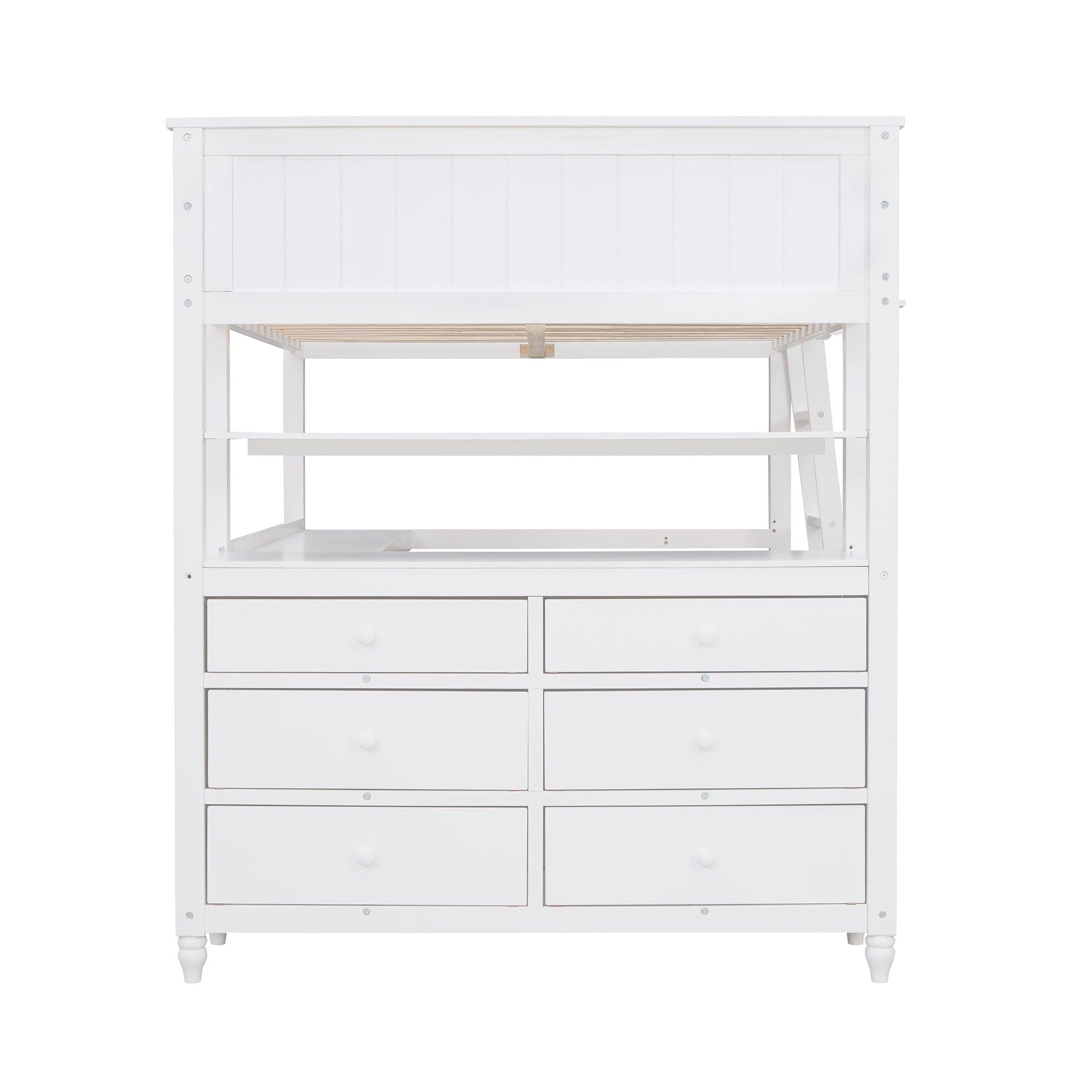 Full size Loft Bed with Drawers and Desk, Wooden Loft Bed with Shelves - White