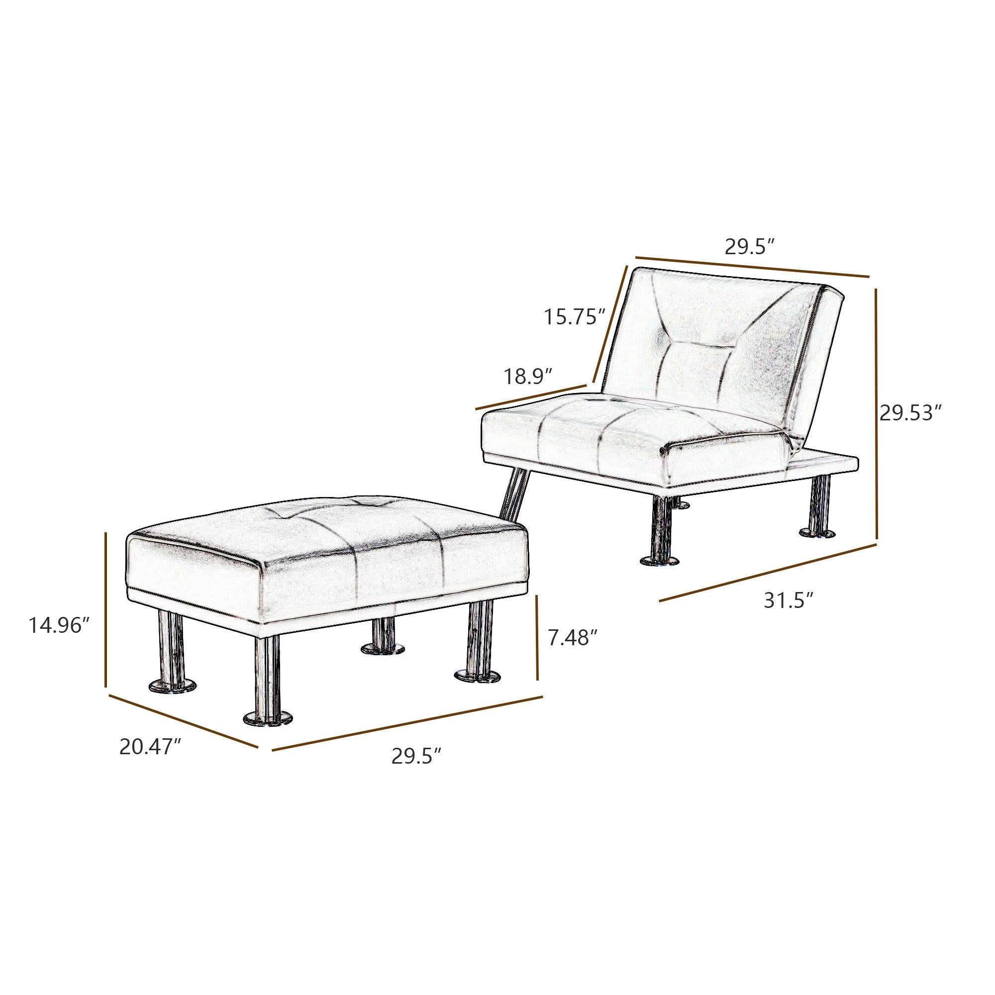 Modern Single Sofa Bed with Ottoman , Convertible Folding Futon Chair, Leather Chaise Lounge Chair with Metal Legs .