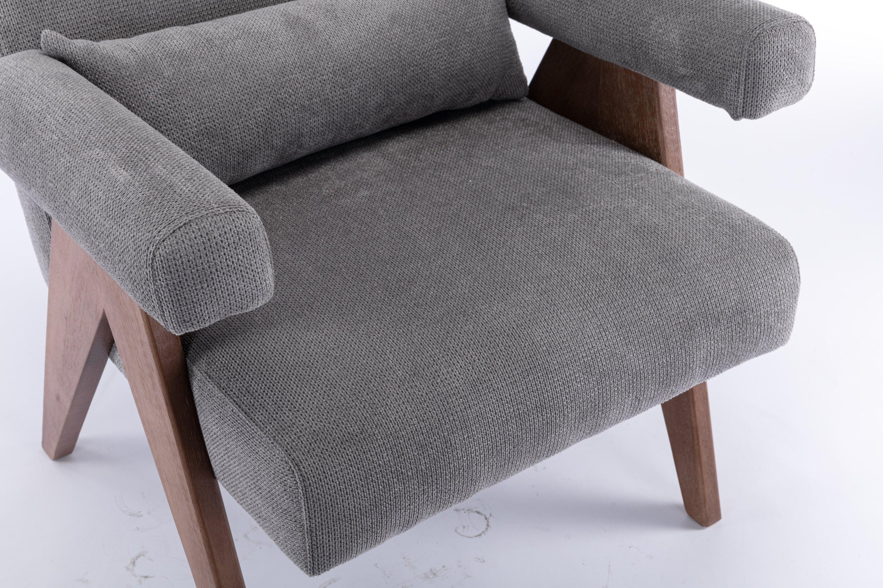 Accent chair, KD rubber wood legs with Walnut finish. Fabric cover the seat. With a cushion.Grey