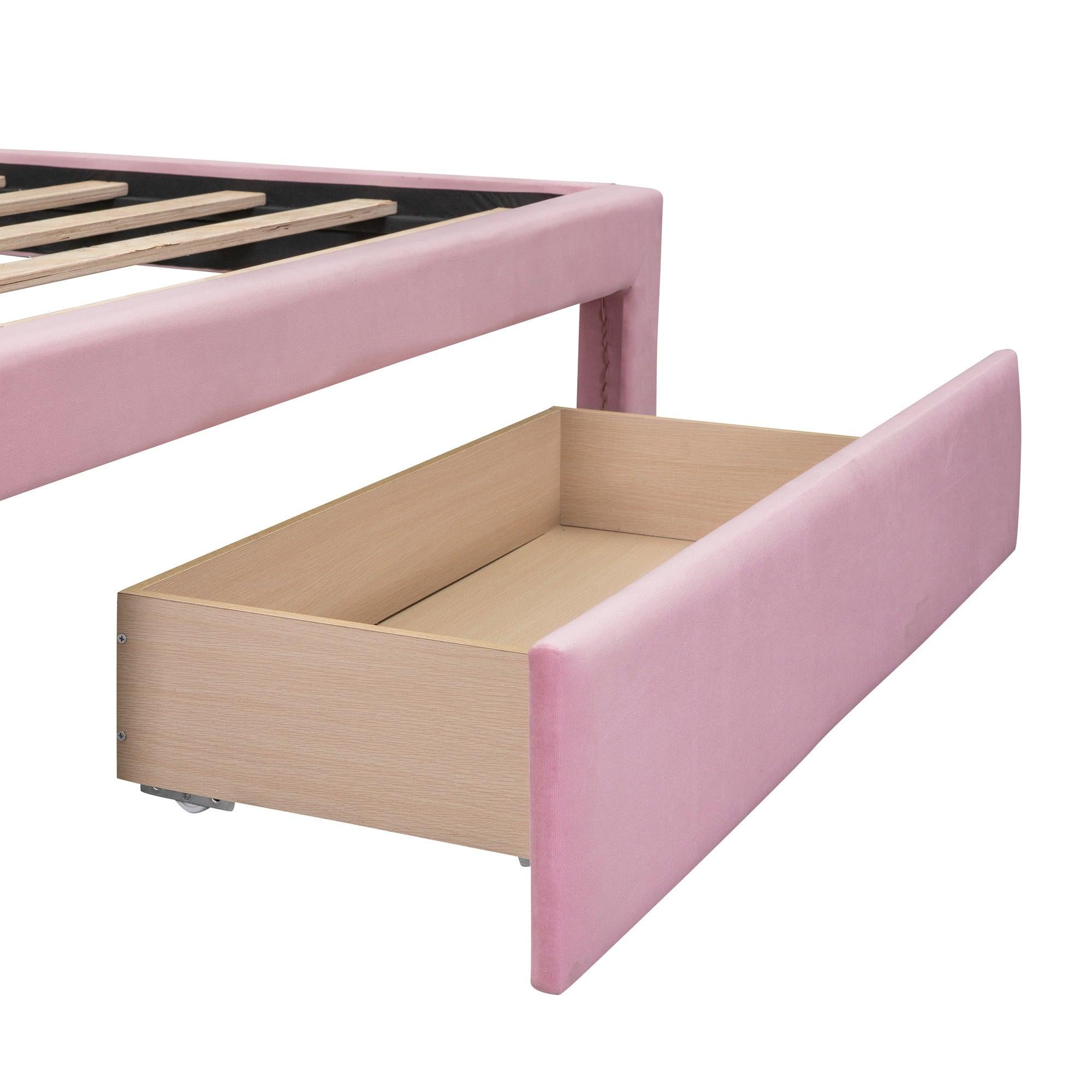 Full SizeStorage Bed Velvet Upholstered Platform Bed with a Big Drawer - Pink