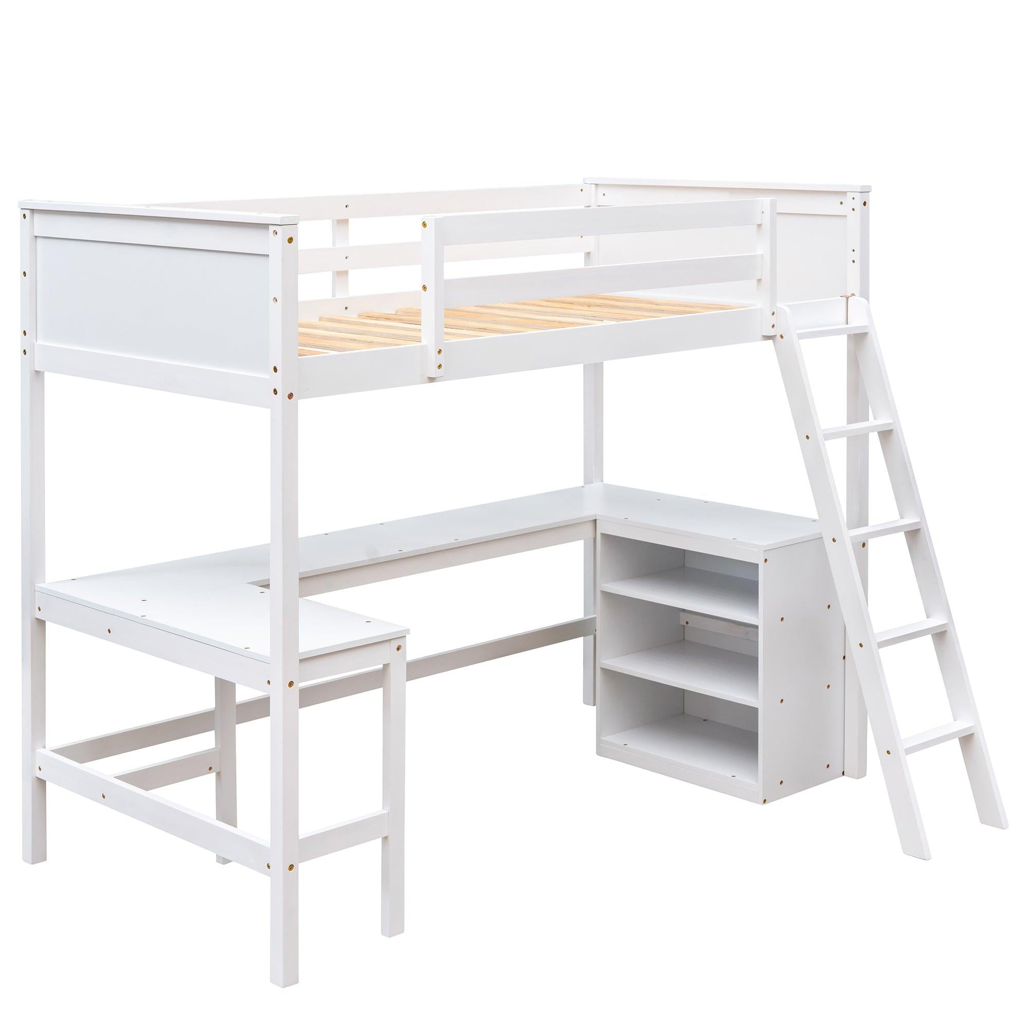 Twin size Loft Bed with Shelves and Desk, Wooden Loft Bed with Desk - White