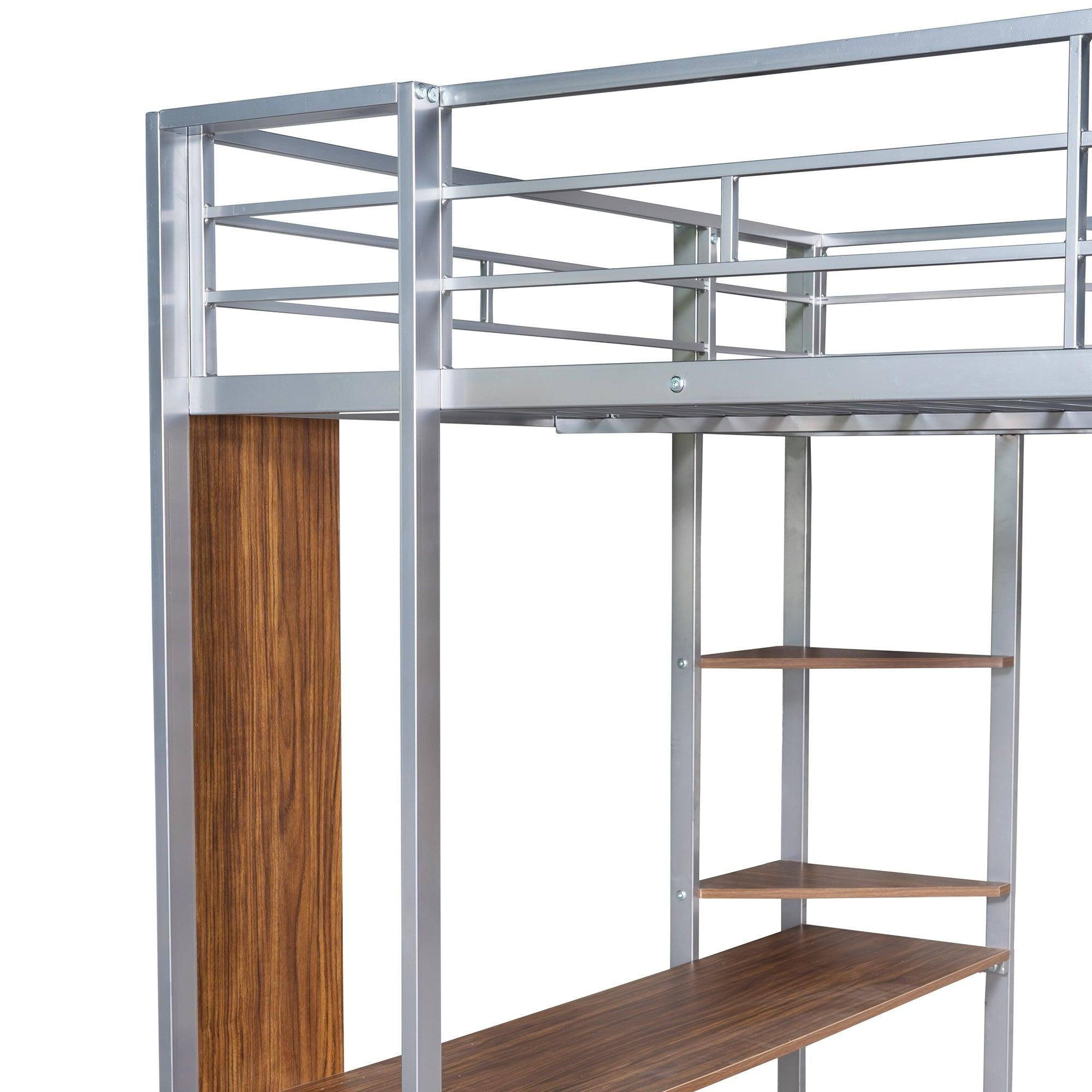 Full Size Metal Loft Bed with 2 Shelves and one Desk ,Silver