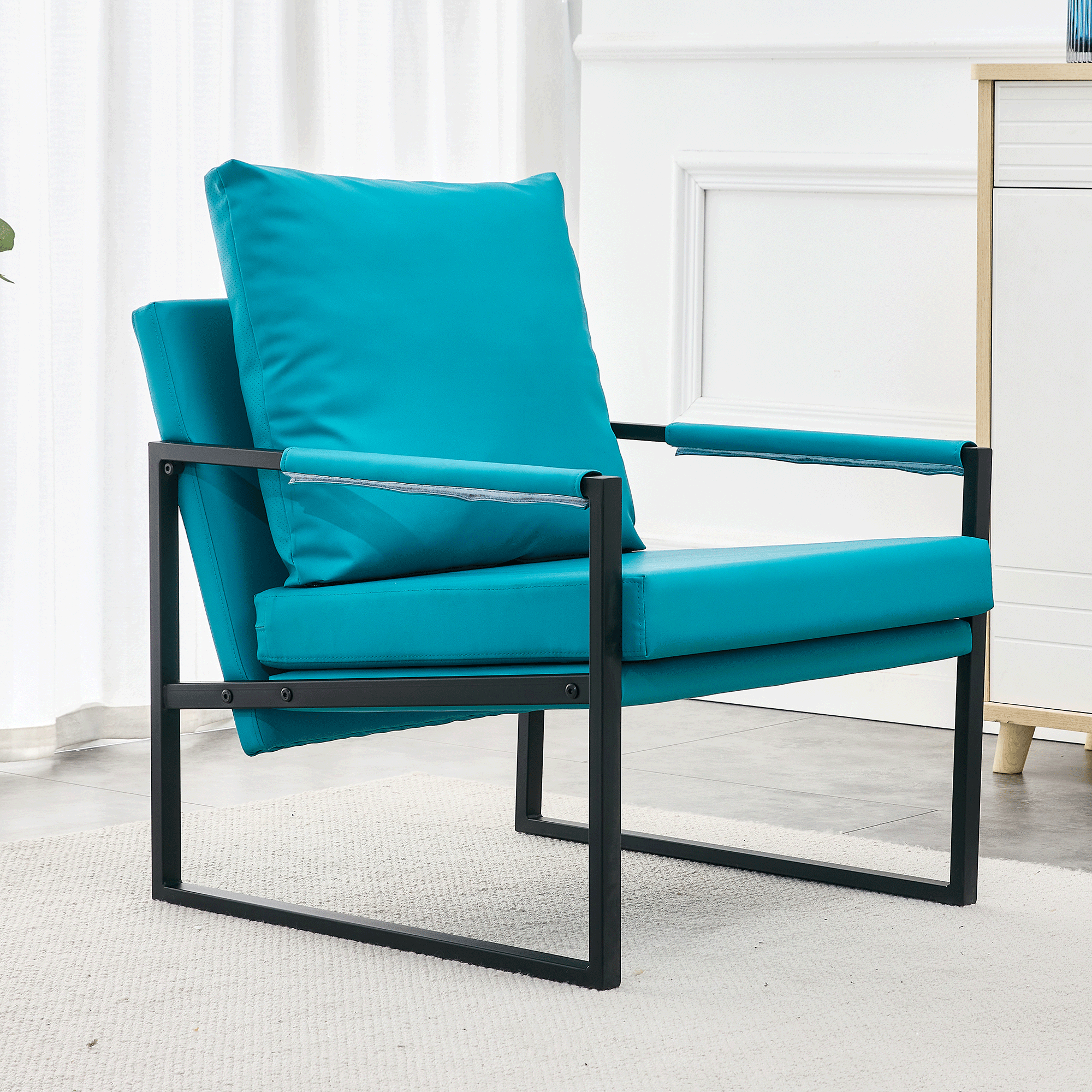 PU Leather Accent Arm Chair Mid CenturyModern Upholstered Armchair with Metal Frame Extra-Thick Padded Backrest and Seat Cushion Sofa Chairs for Living Room ( Cyan PU Leather + Metal + Foam )