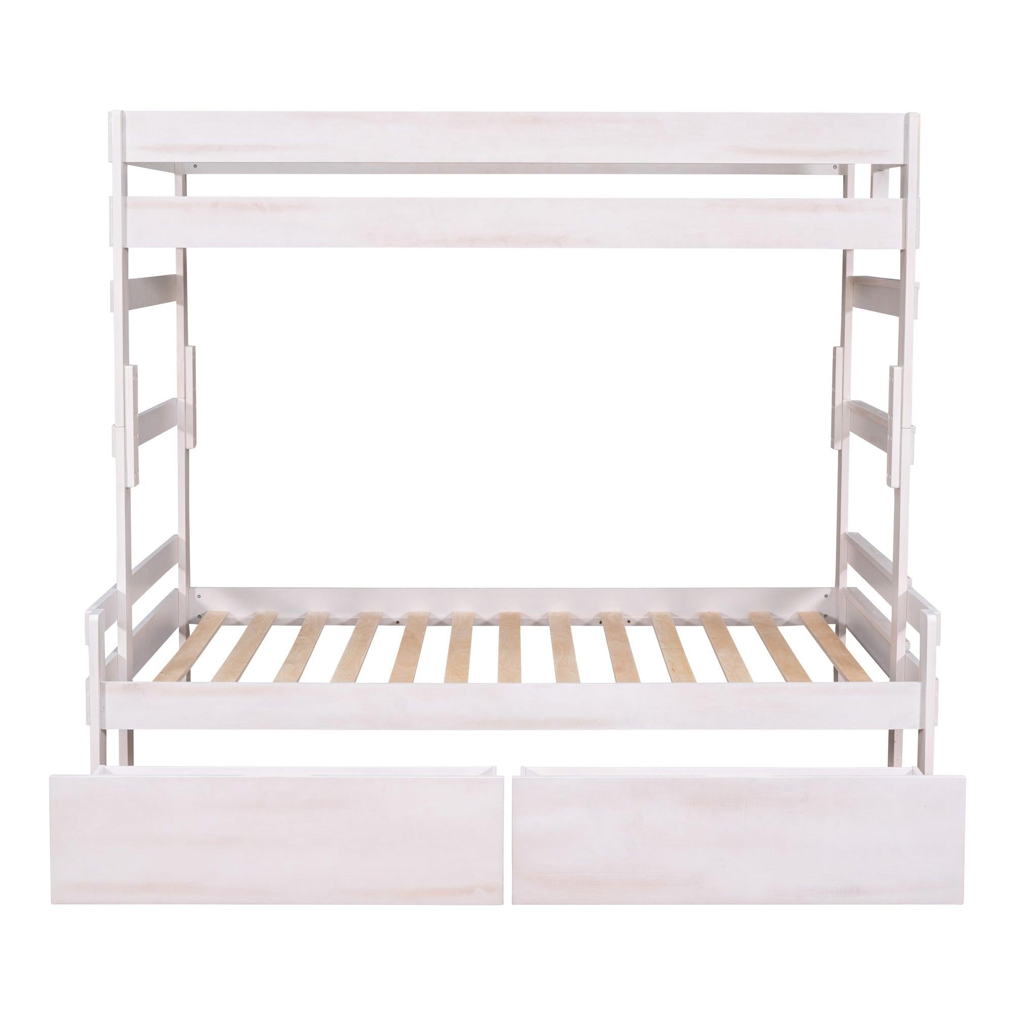 Twin over Full Wood Bunk Bed with 2 Drawers, White