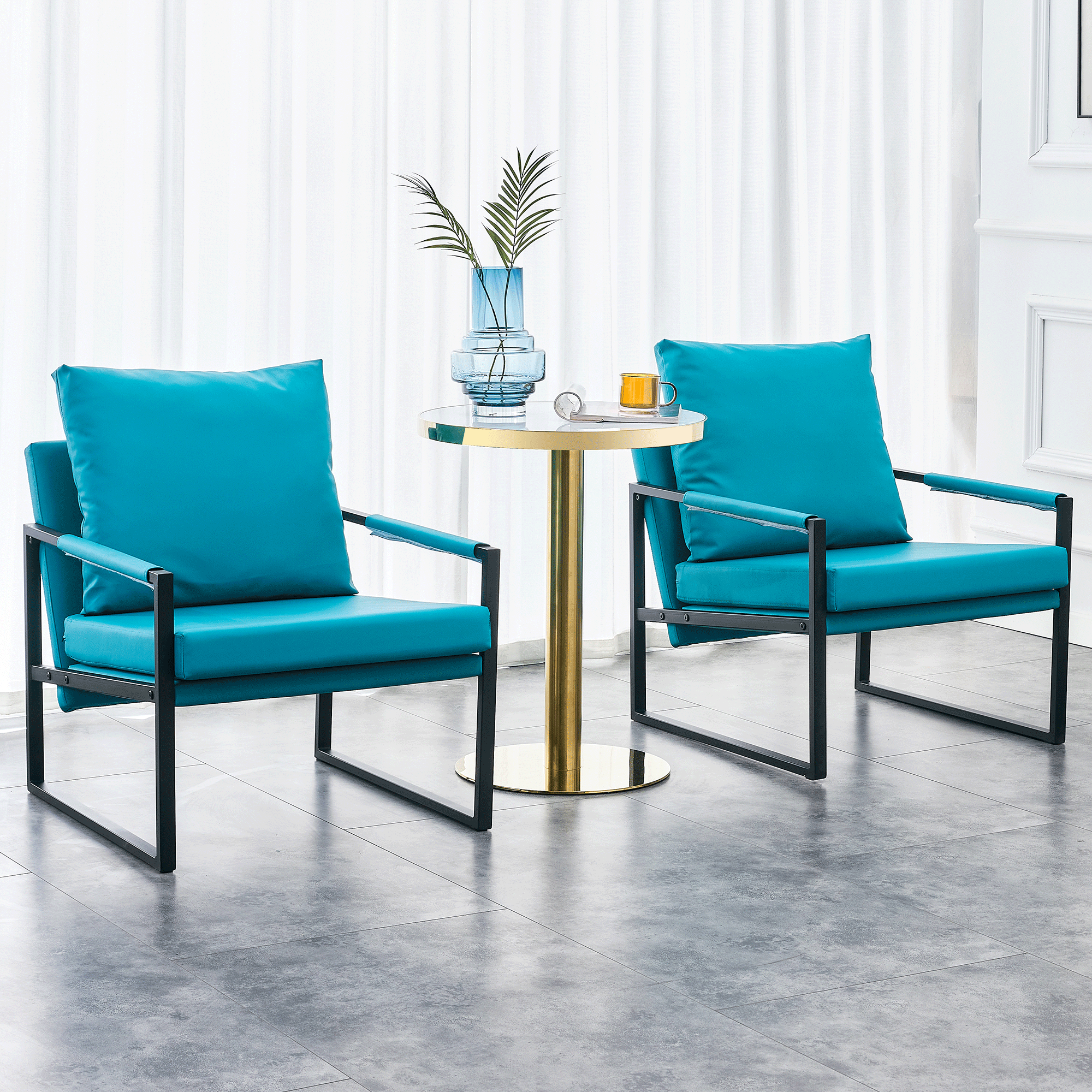 PU Leather Accent Arm Chair Mid CenturyModern Upholstered Armchair with Metal Frame Extra-Thick Padded Backrest and Seat Cushion Sofa Chairs for Living Room ( Cyan PU Leather + Metal + Foam )