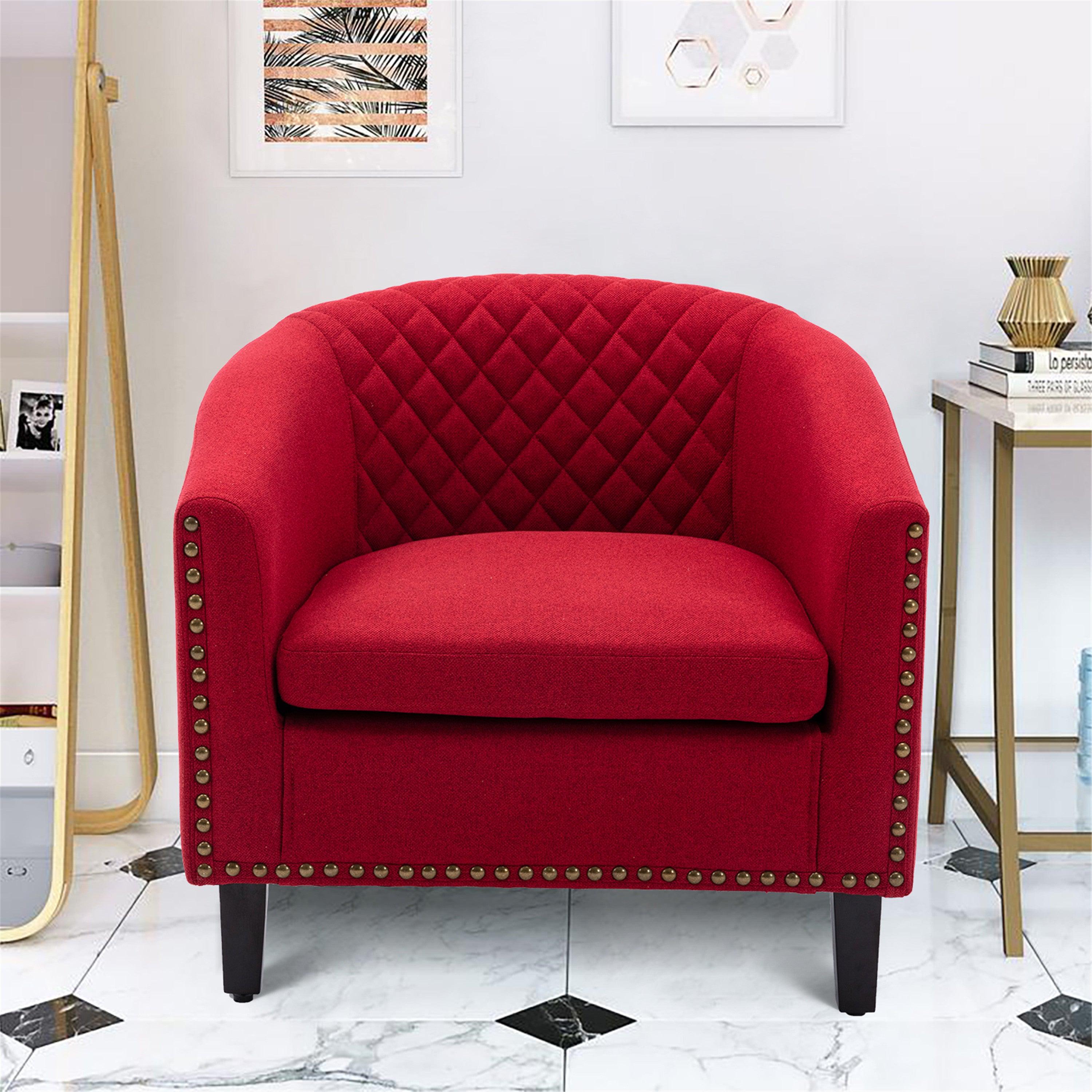 accent Barrel chair living room chair with nailheads and solid wood legs  Red  Linen image